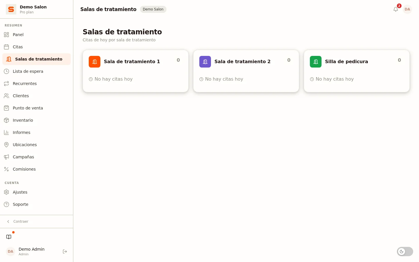 Captura de pantalla de salas de tratamiento y espacios