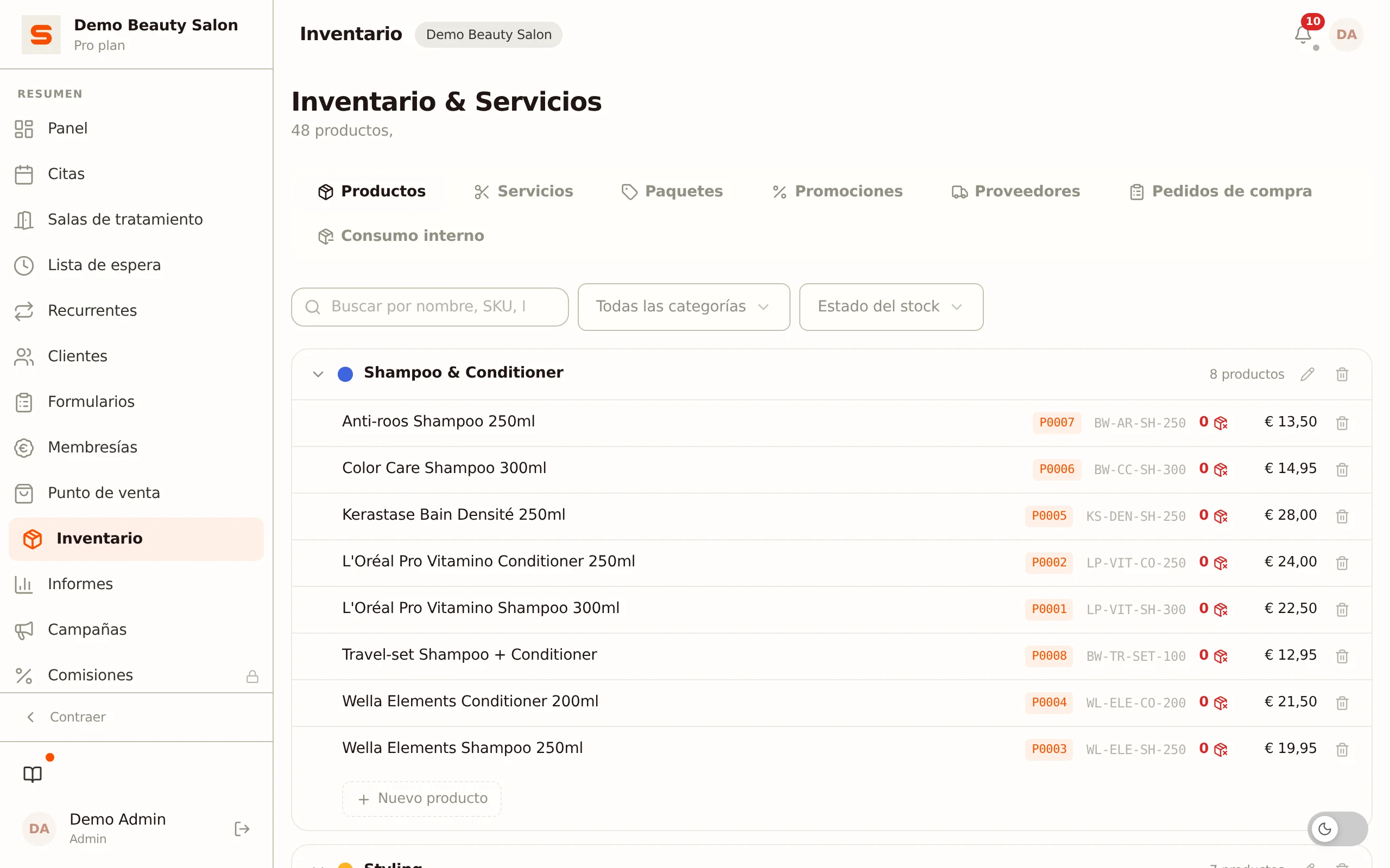 Captura de pantalla de servicios y categorías