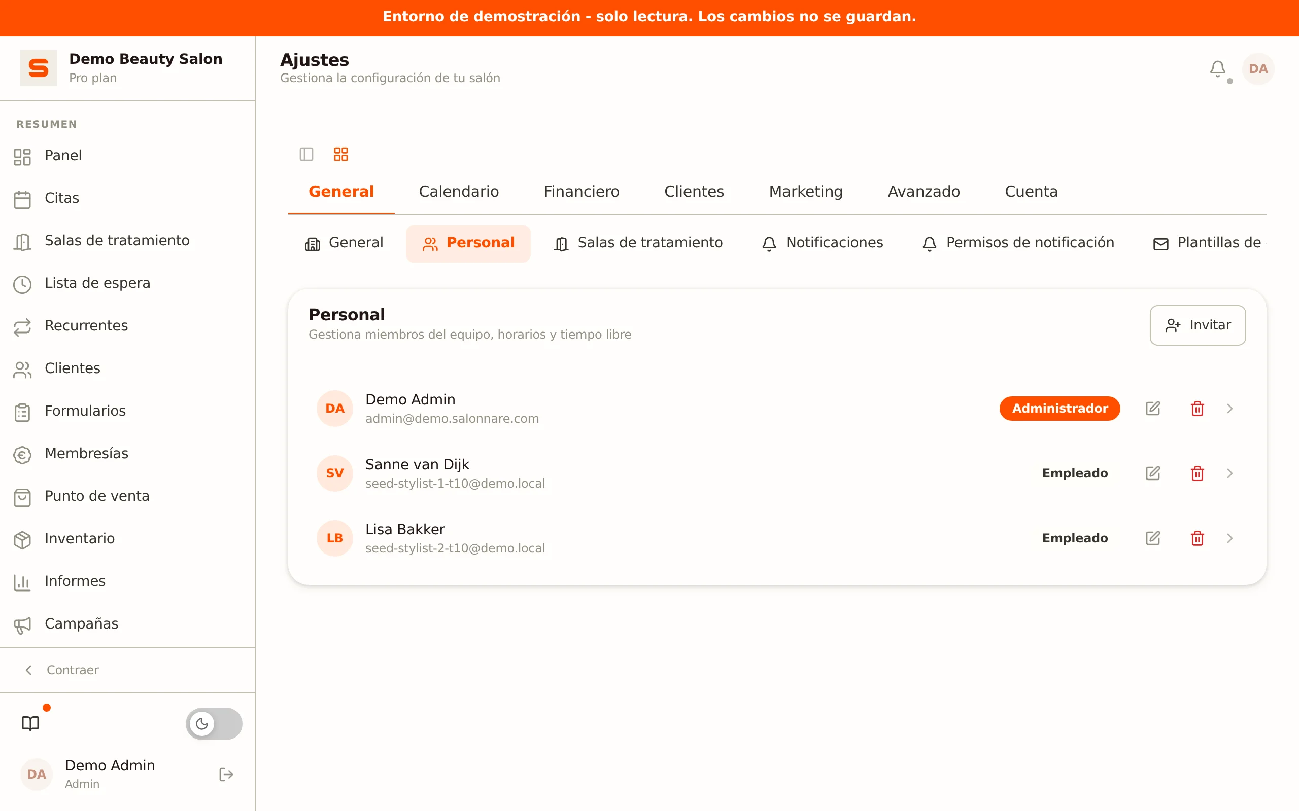 Captura de pantalla de la gestión del personal