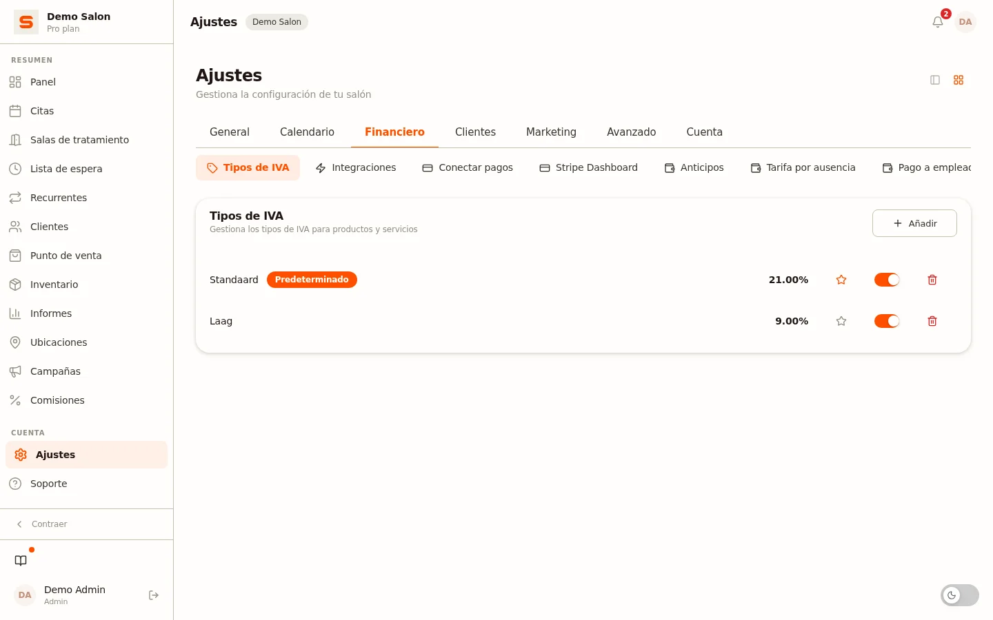 Captura de pantalla de configurar tipos de iva