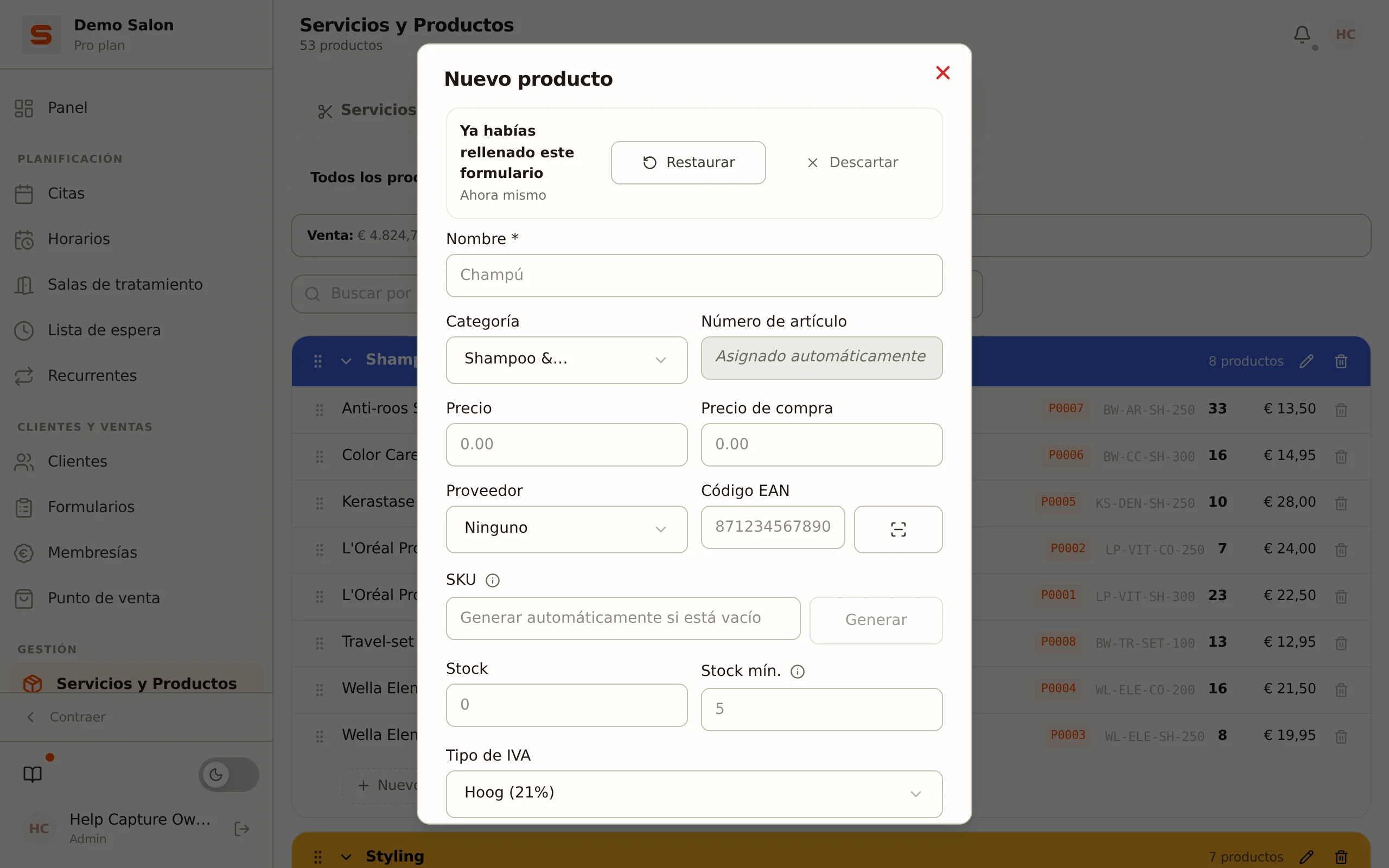 Formulario de producto nuevo con la barra que ofrece un borrador anterior