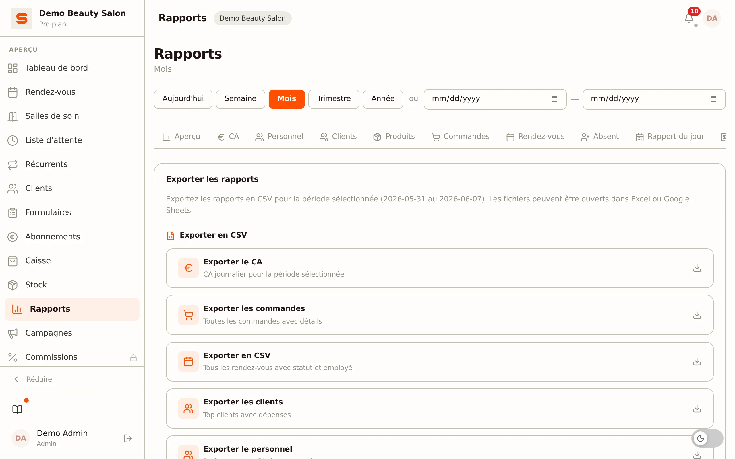 Capture d'écran de export comptable