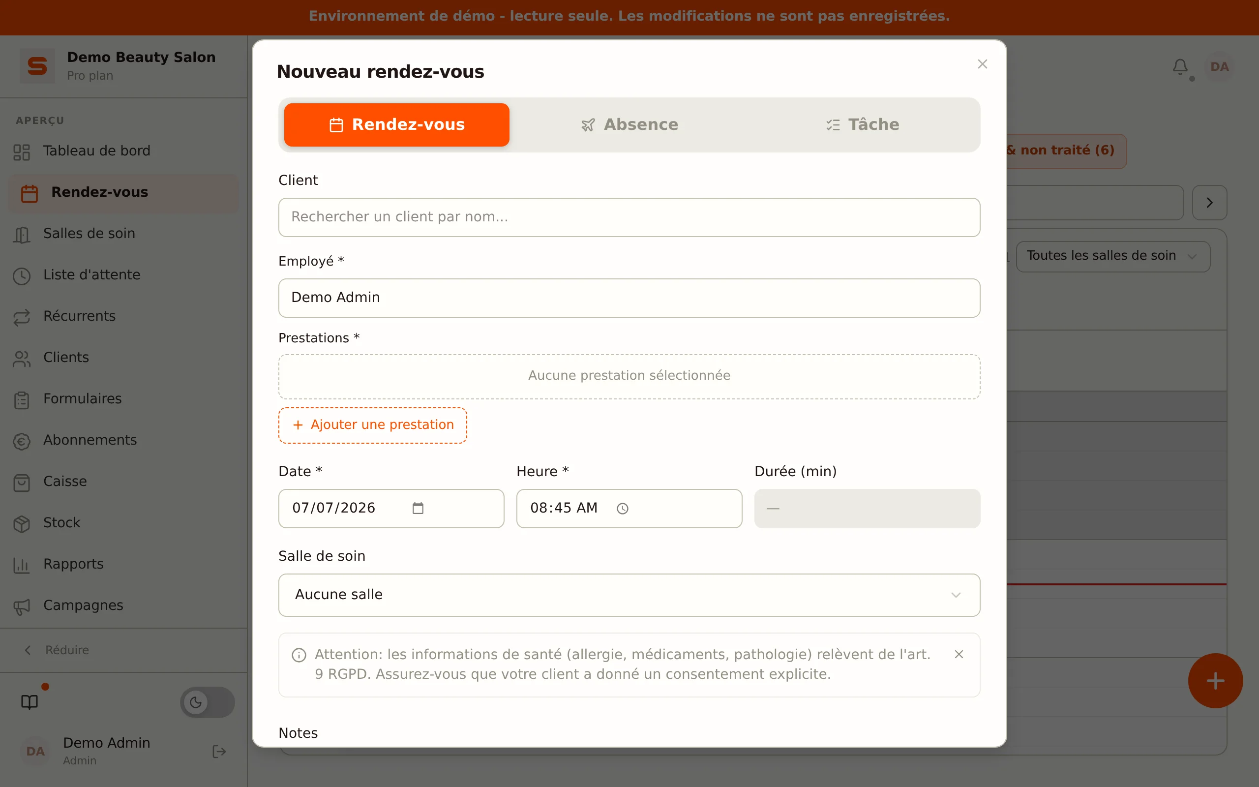 Editeur de rendez-vous avec multi-prestation et date/heure
