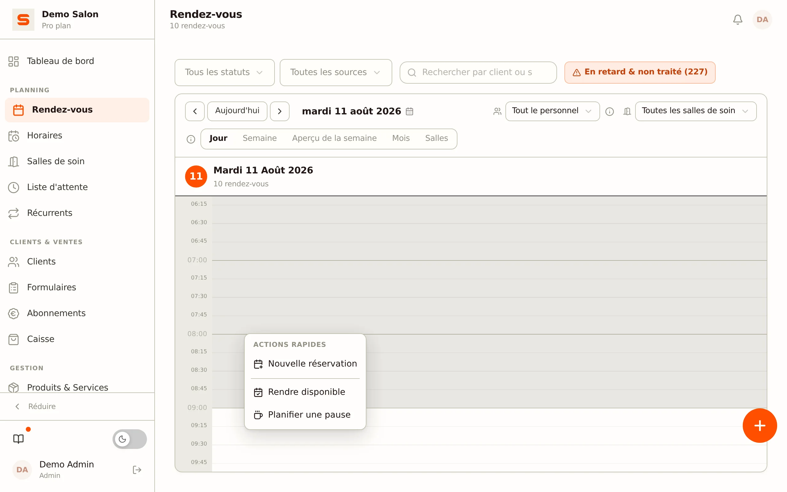 Menu Actions rapides via clic droit sur un créneau libre