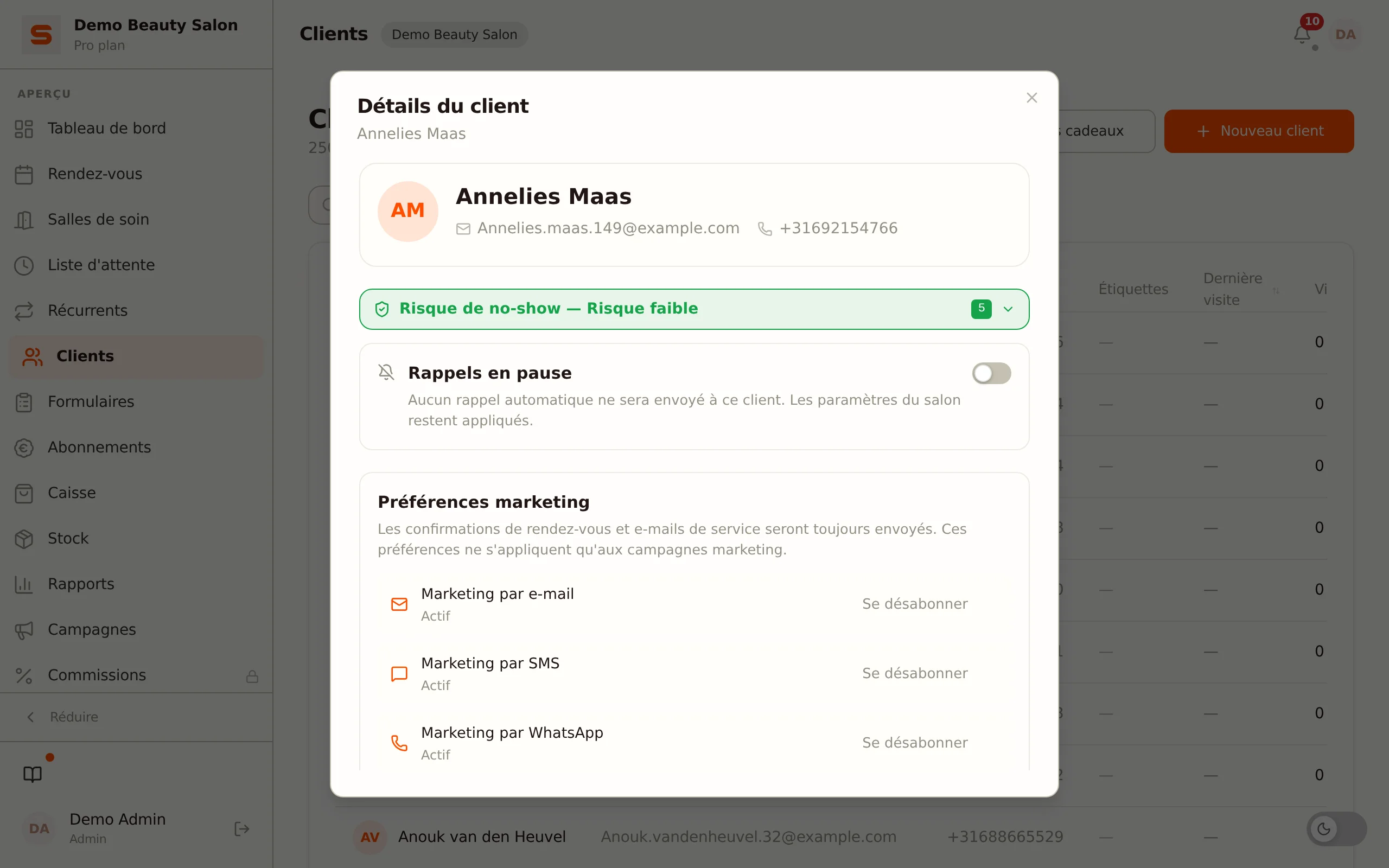 Capture d'écran de la section formules de couleur sur la fiche client