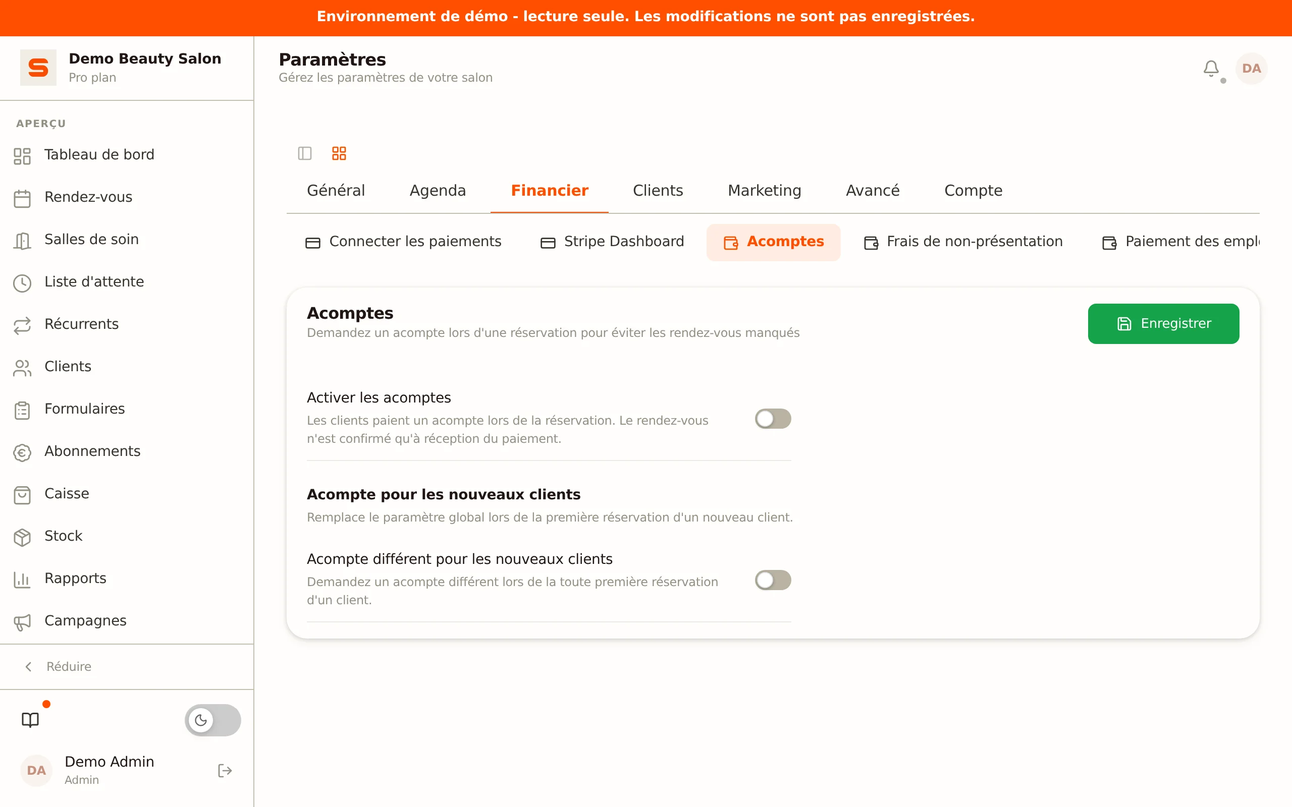 Capture d'écran des paramètres d'acompte