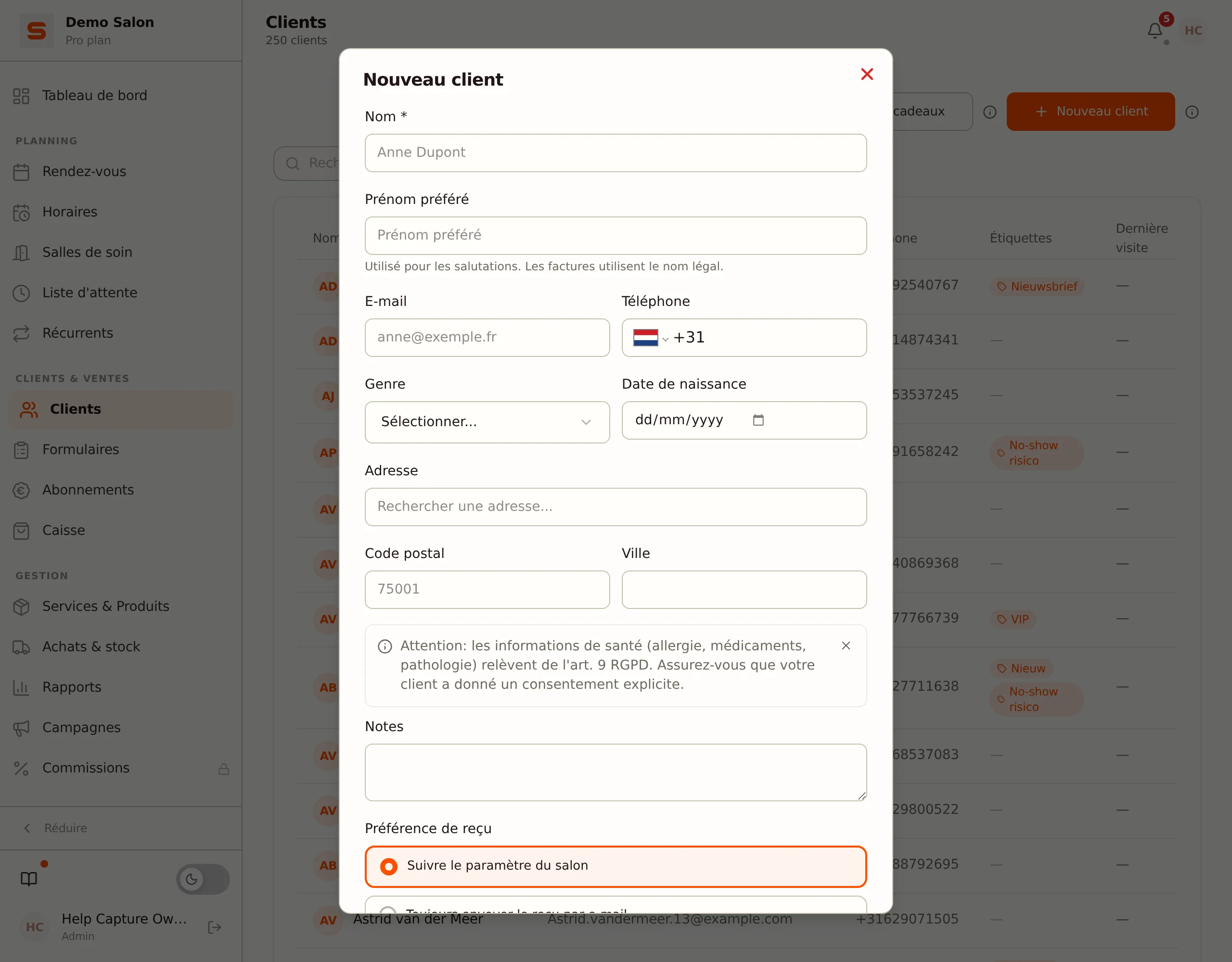 Le formulaire Nouveau client