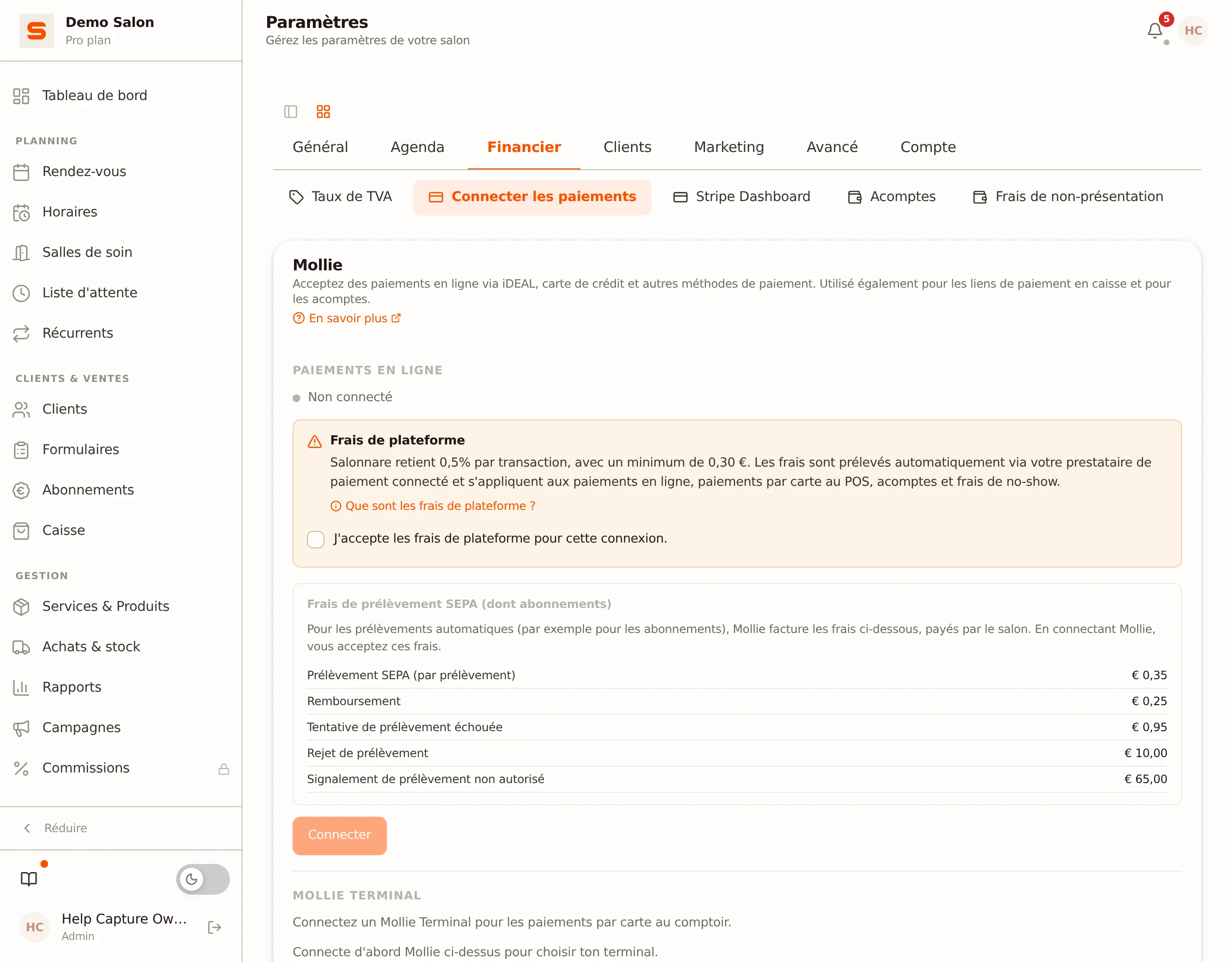 La carte Mollie sous Connecter les paiements
