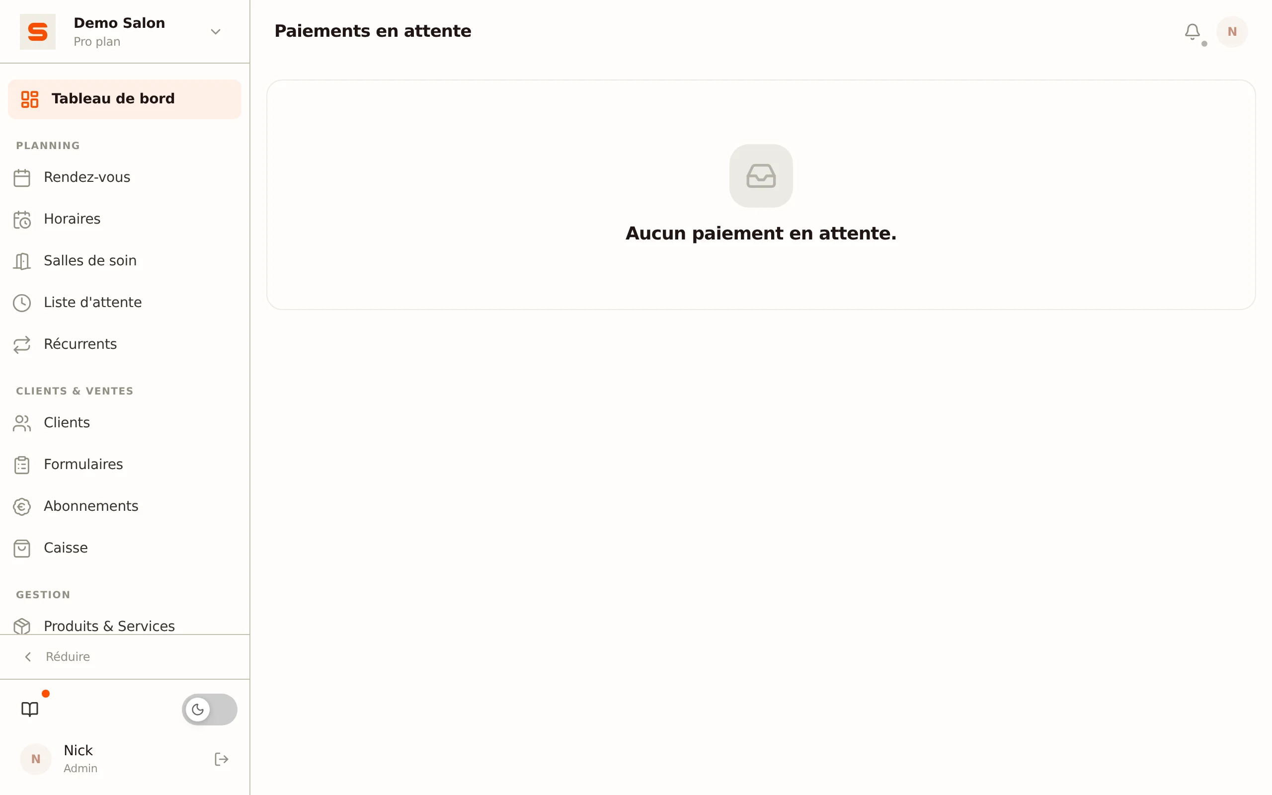 La liste des paiements en attente
