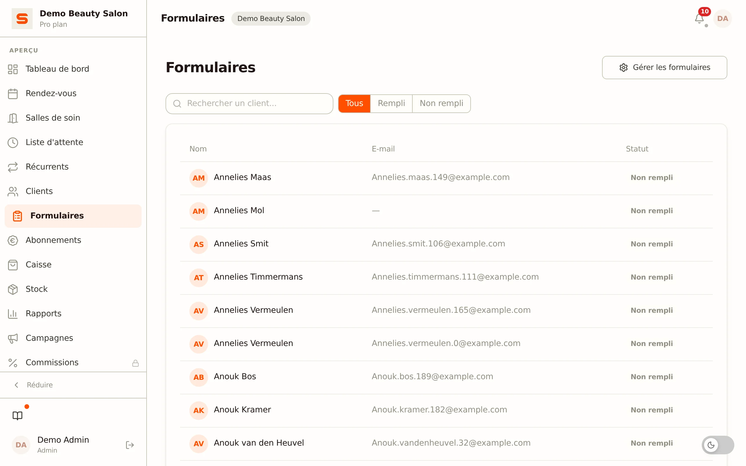 Capture d'écran de la page Formulaires
