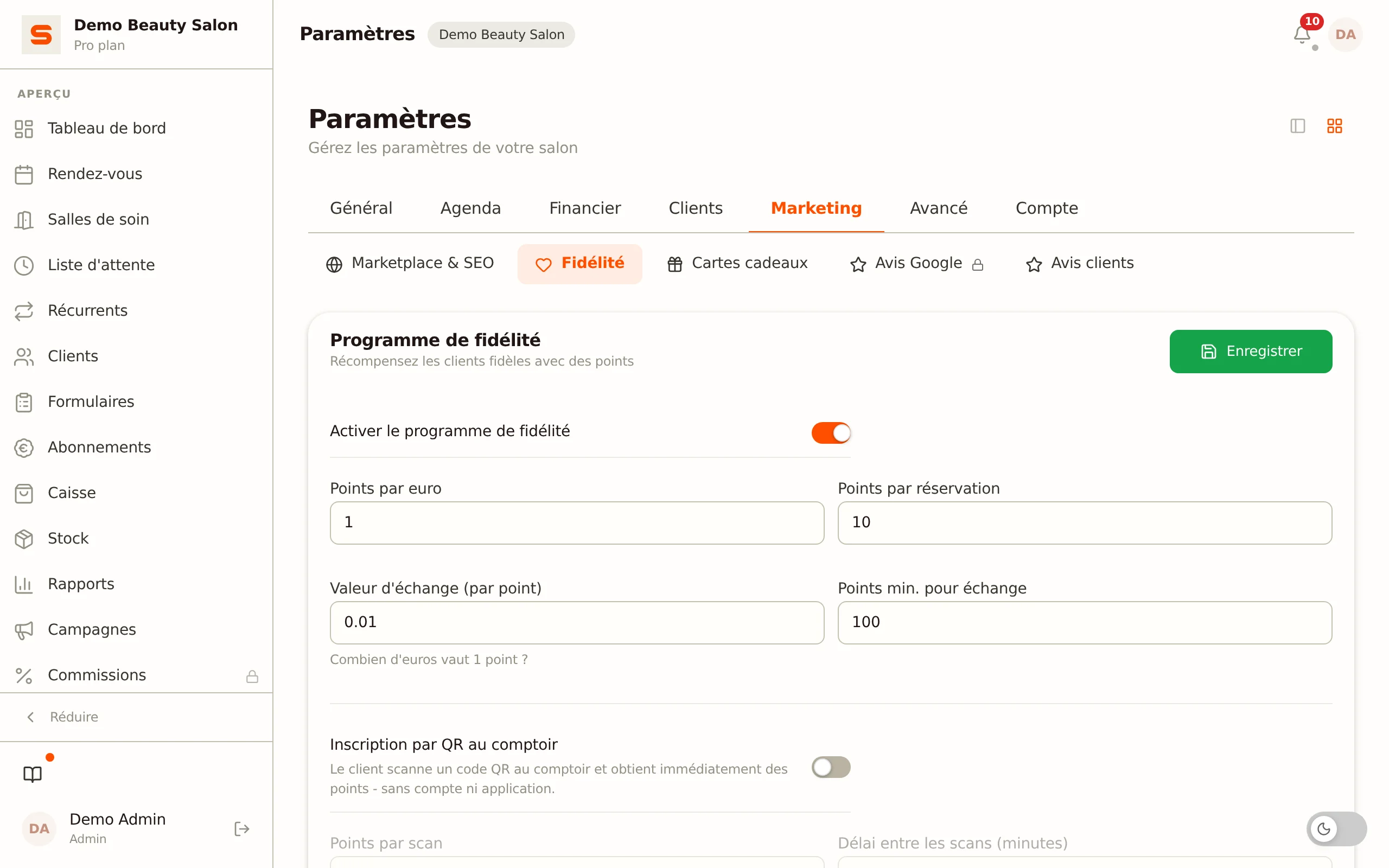Capture d'ecran du programme de fidelite