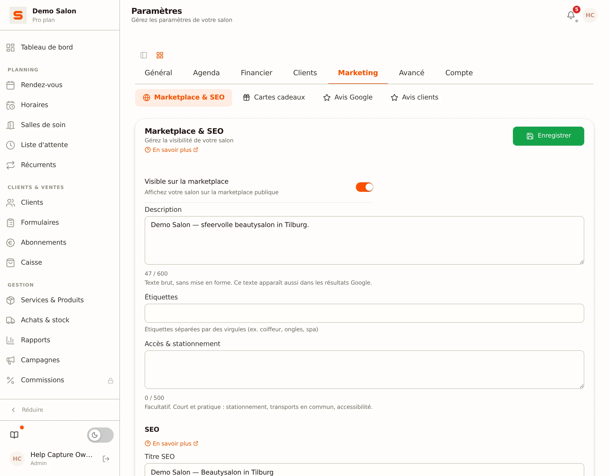 Paramètres > Marketplace & SEO avec l'interrupteur Visible sur la marketplace