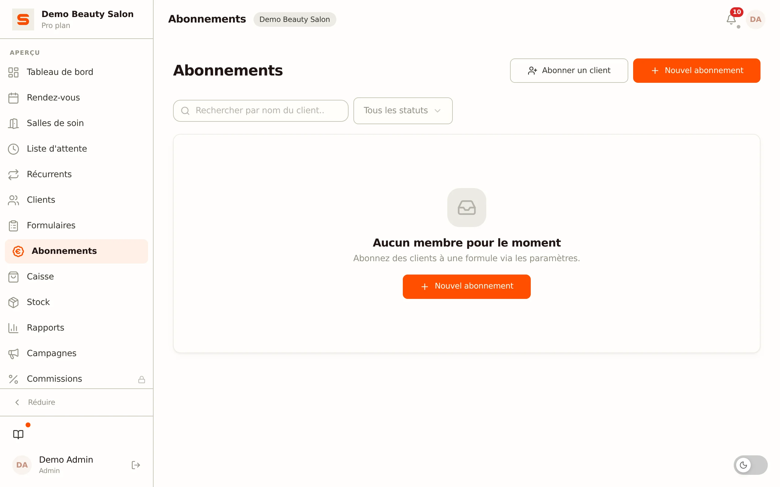 Capture d'écran de la page Abonnements
