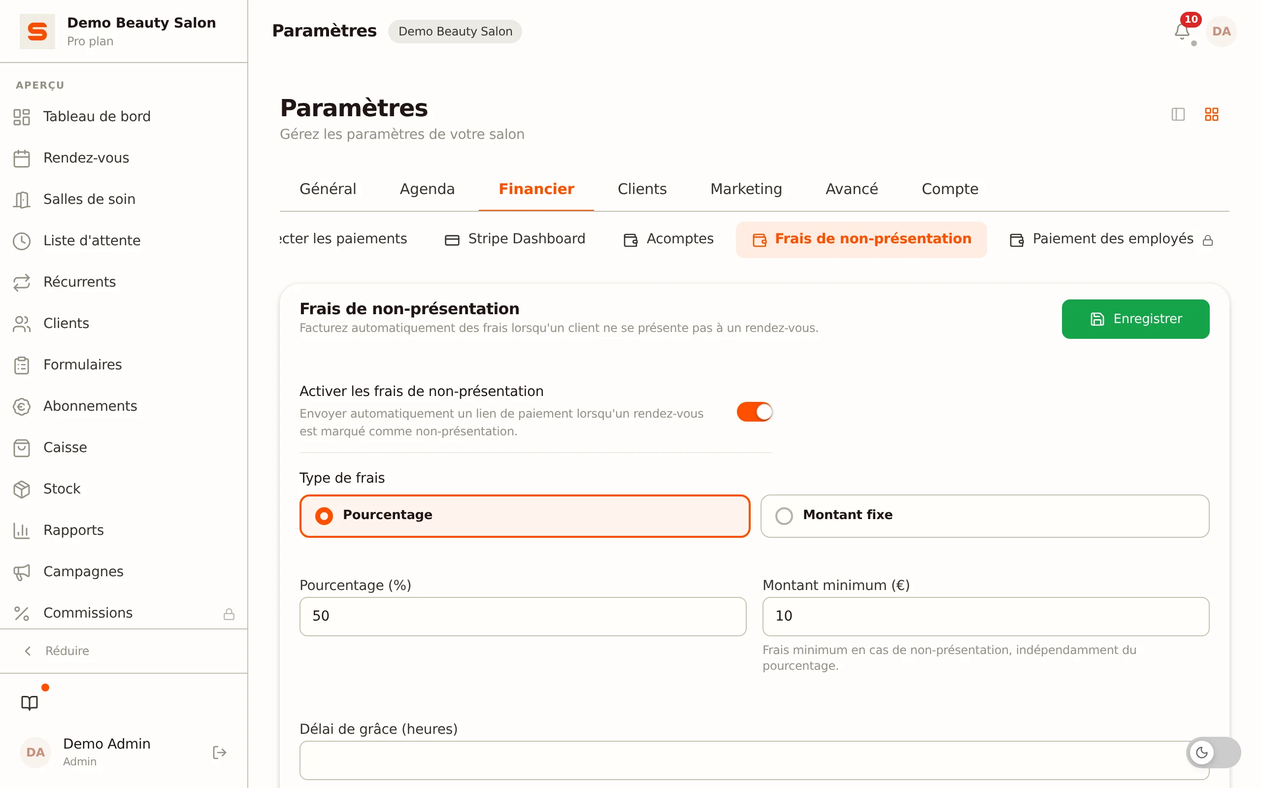 Capture d'écran des paramètres des frais de non-présentation