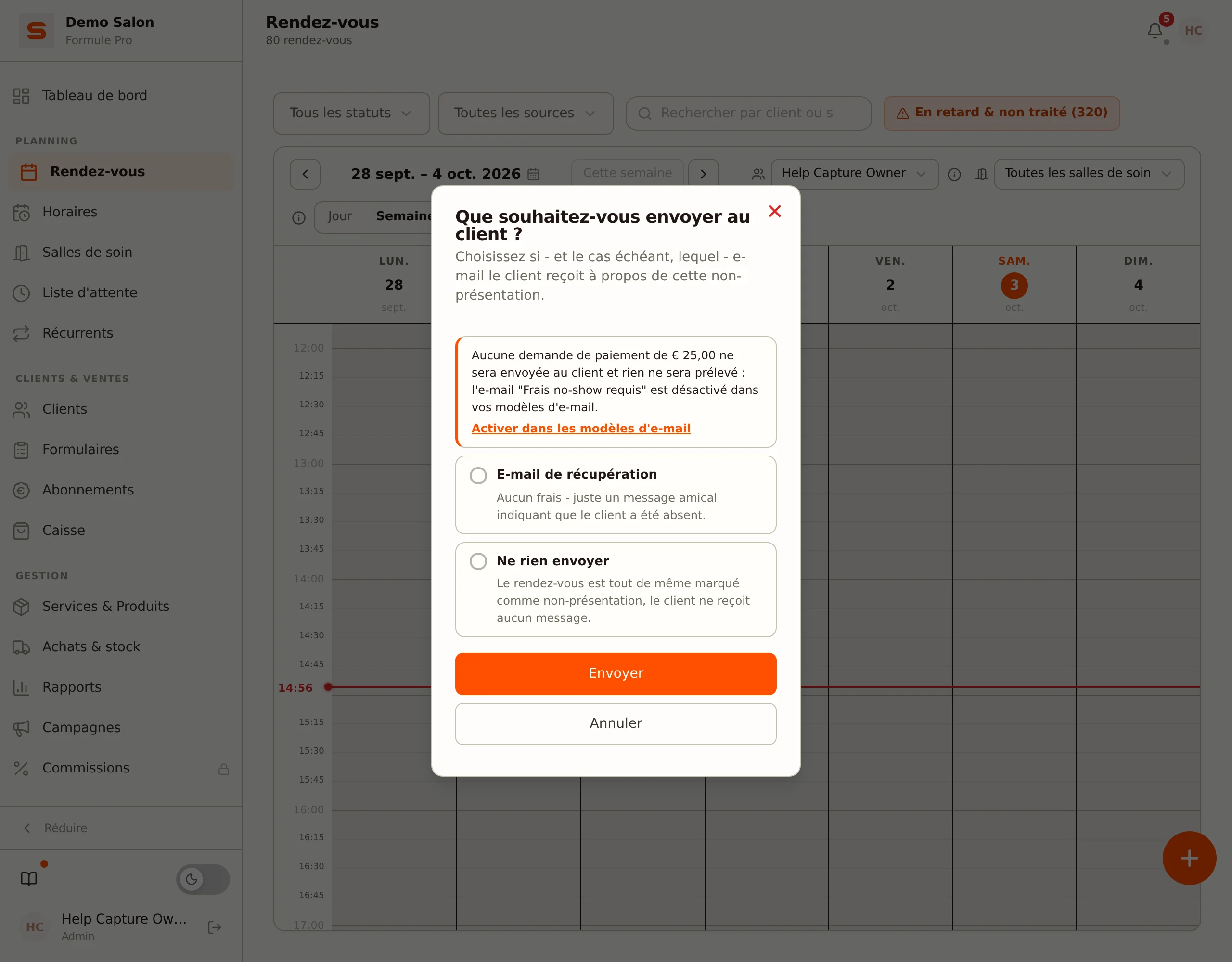 Capture d'écran du choix de non-présentation avec l'avis qu'aucune demande de paiement n'est envoyée