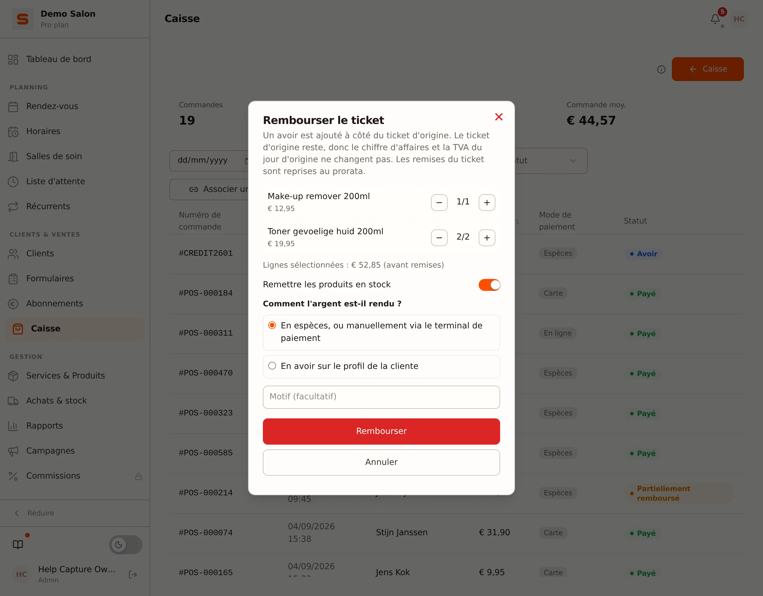 La fenêtre Rembourser le ticket avec les lignes, la remise en stock et le choix du mode de remboursement