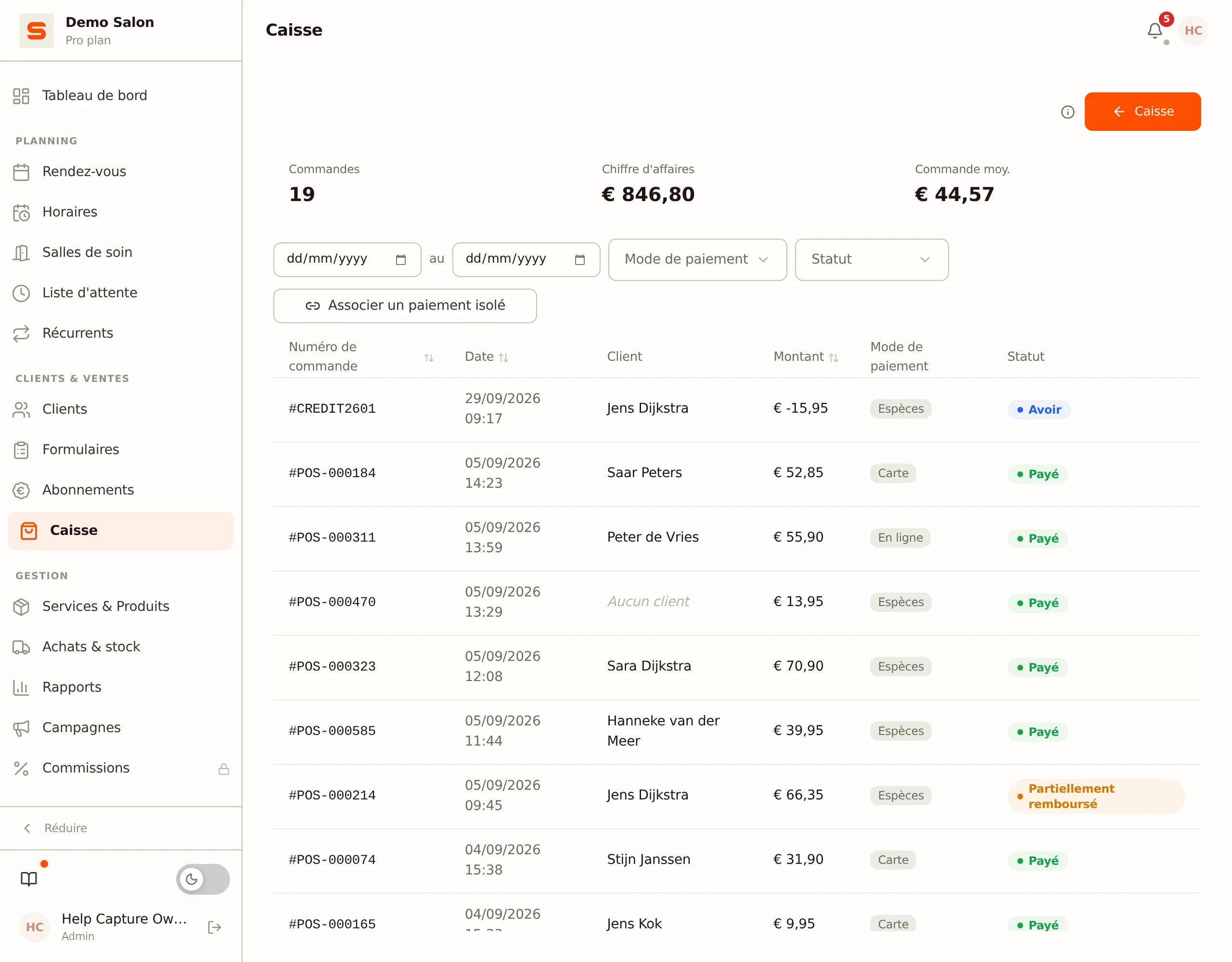 Historique des commandes avec un avoir et un ticket partiellement remboursé