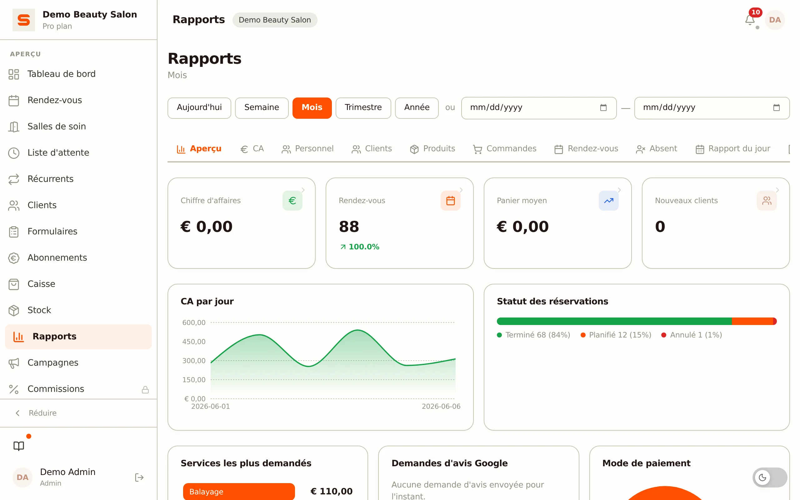 Capture d'écran de rapports et analyses