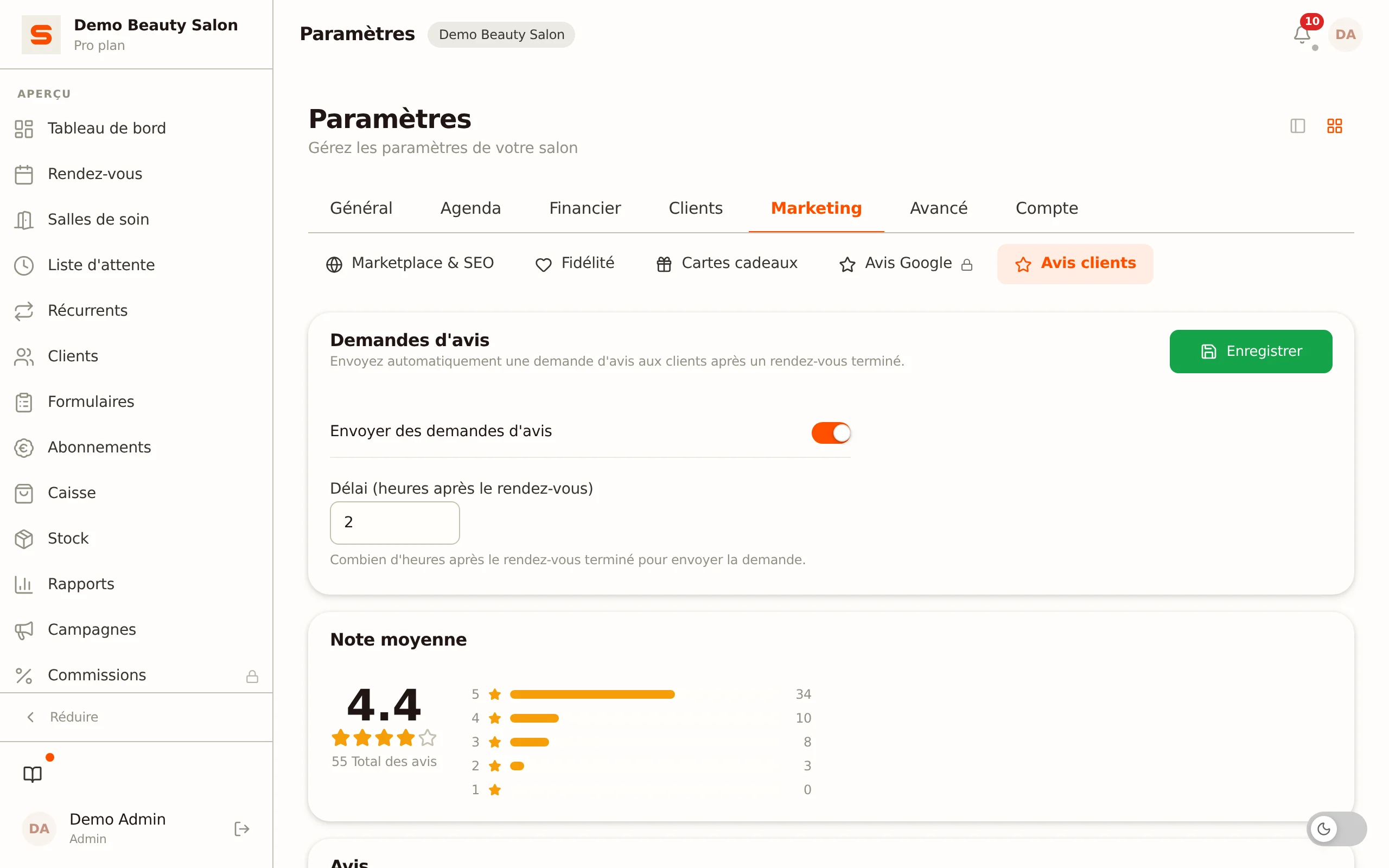 Capture d'écran de avis clients