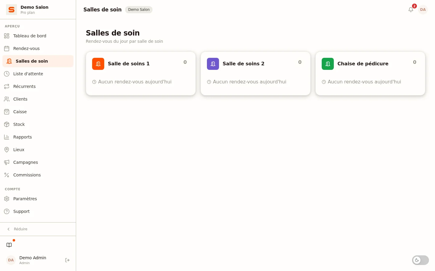 Capture d'écran de salles de soin et espaces