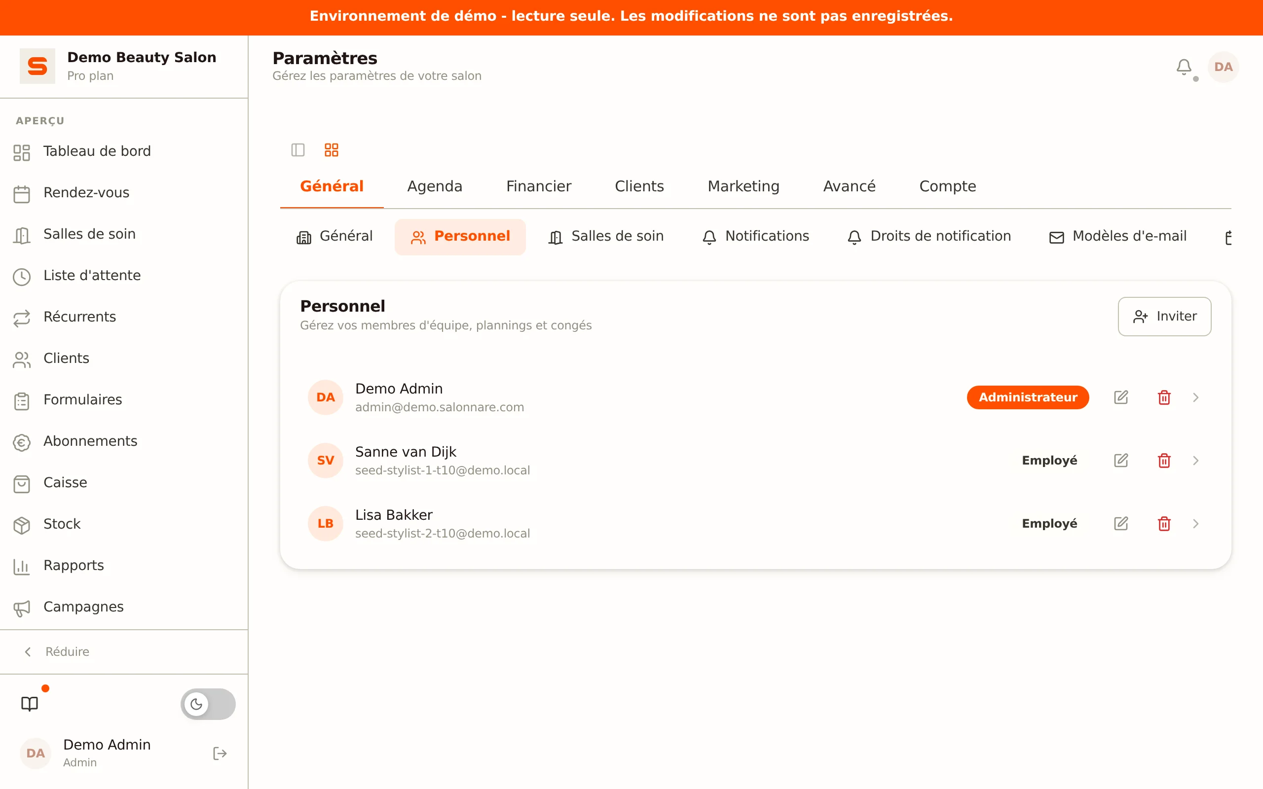Capture d'écran de la gestion du personnel