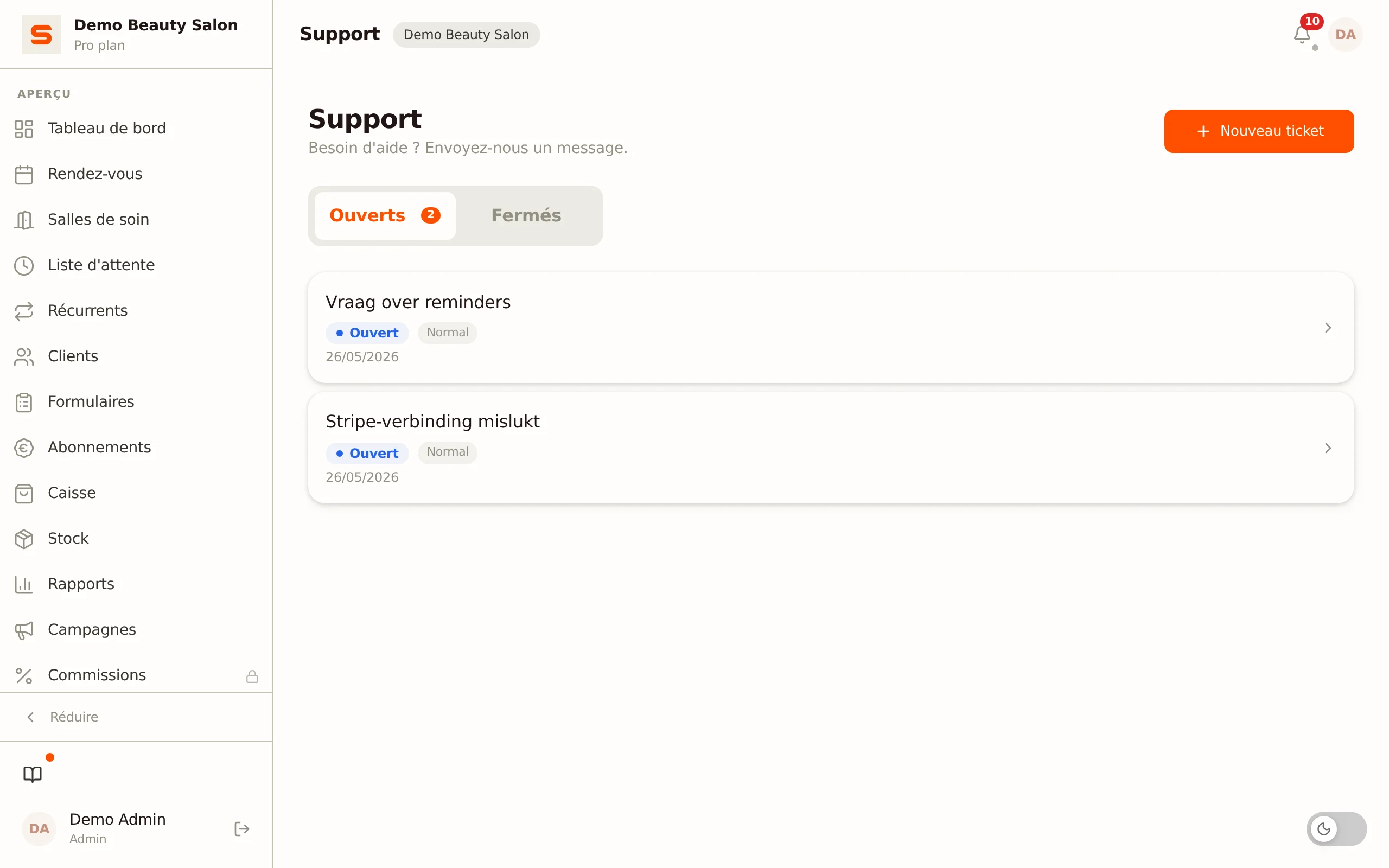 Capture d'ecran de l'aide et du support