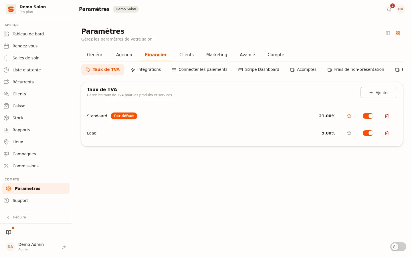 Capture d'écran de configurer les taux de tva