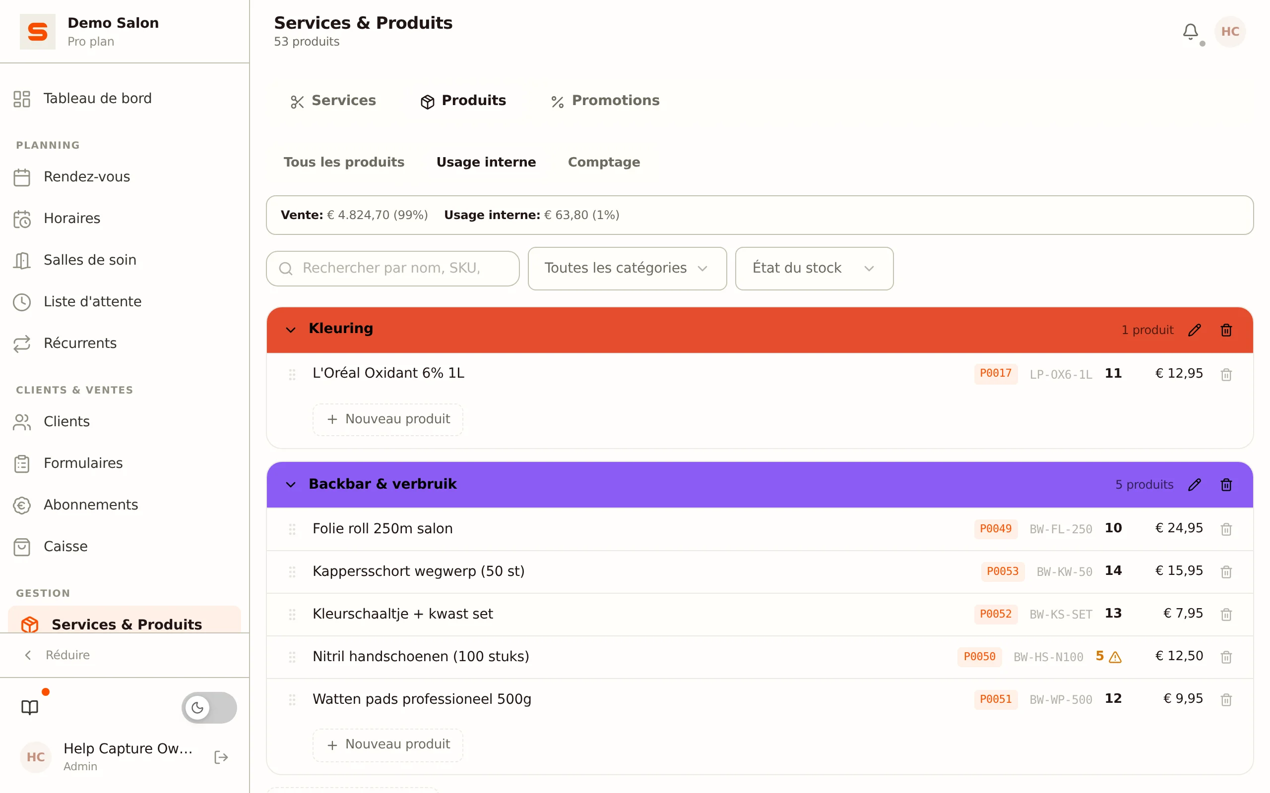 Page stock sur l'onglet Produits avec la liste de travail Usage interne