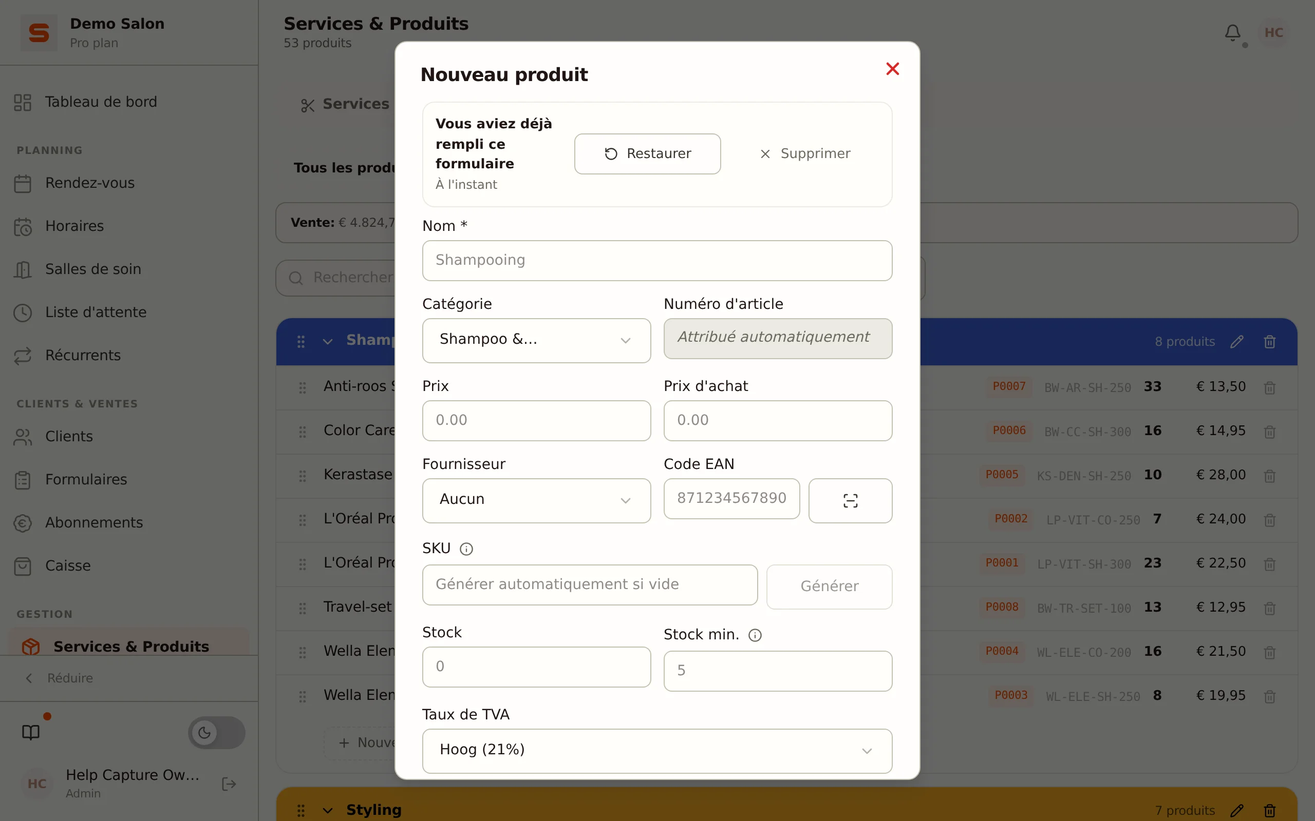 Formulaire de nouveau produit avec la barre proposant un brouillon précédent