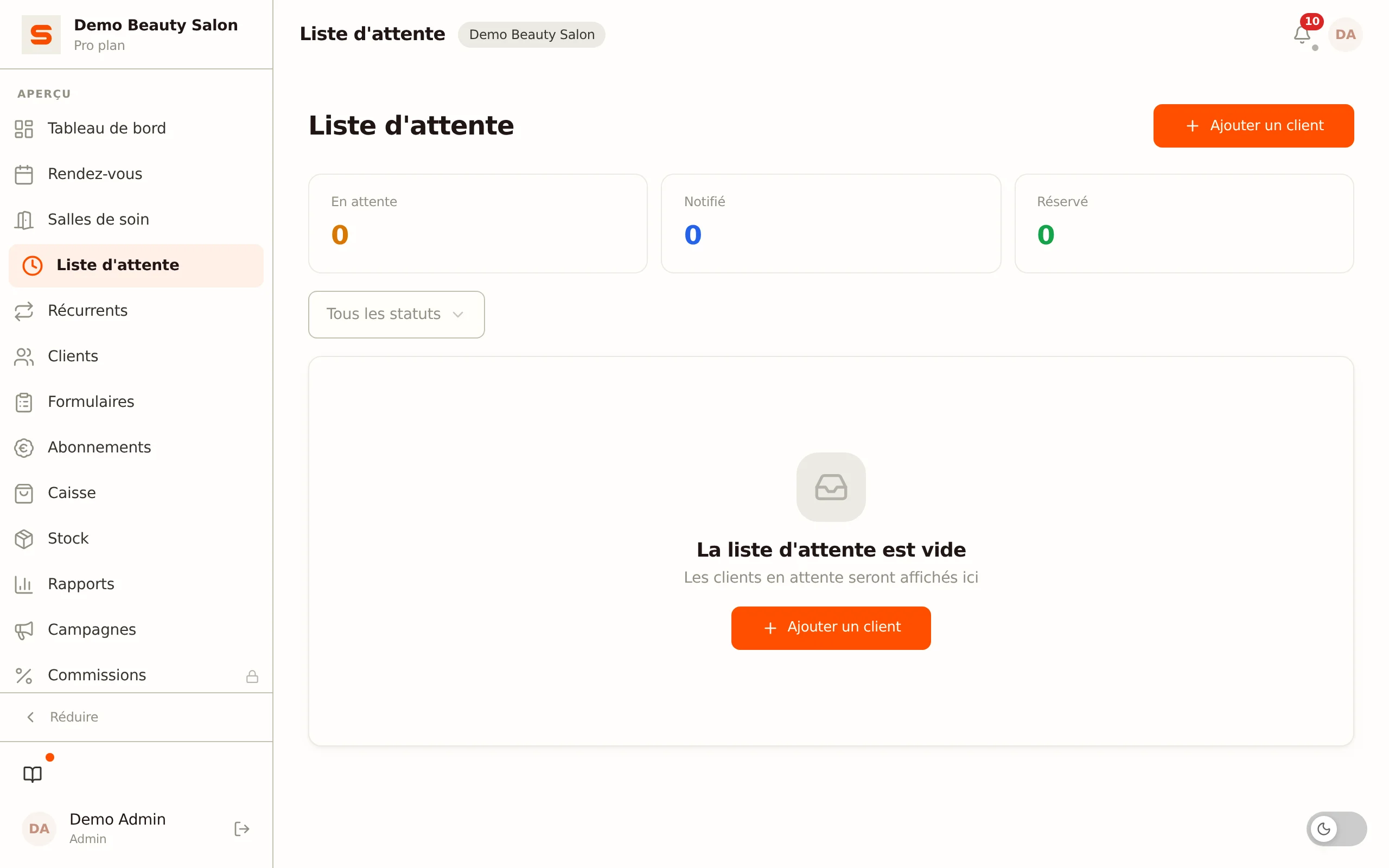 Capture d'écran de l'utilisation de la liste d'attente