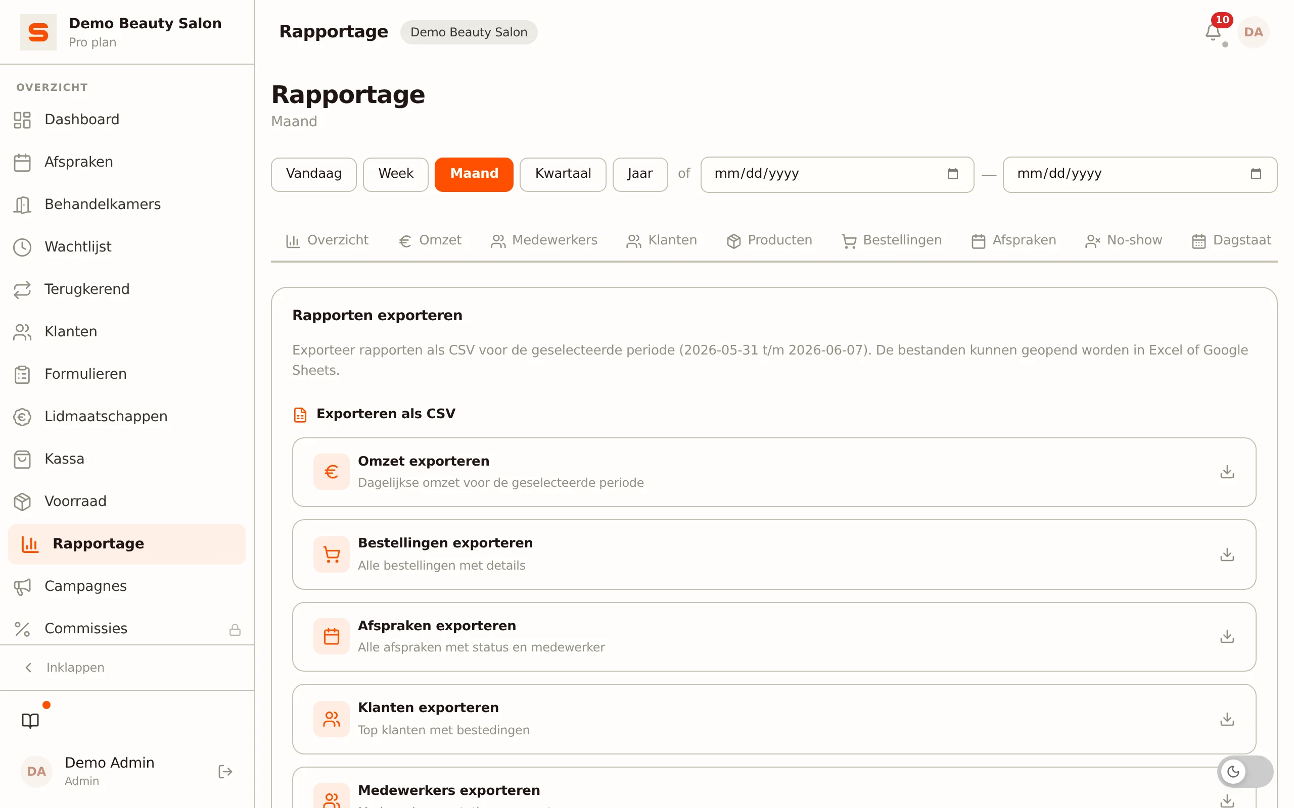 Schermafbeelding van boekhoudexport