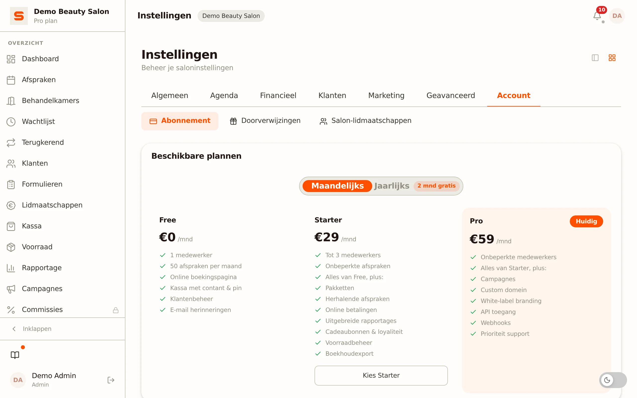 Schermafbeelding van abonnement & facturering