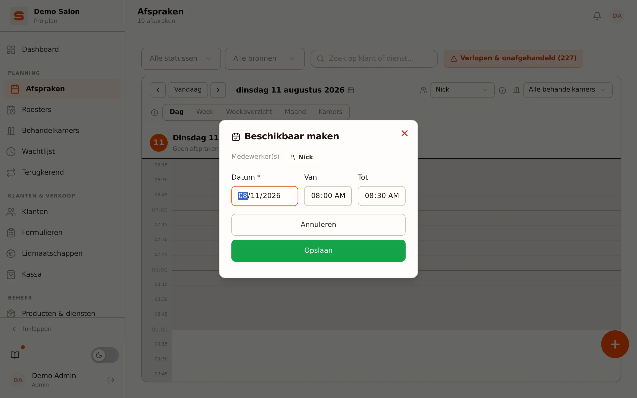 Beschikbaar maken met voorgevulde begin en eindtijd