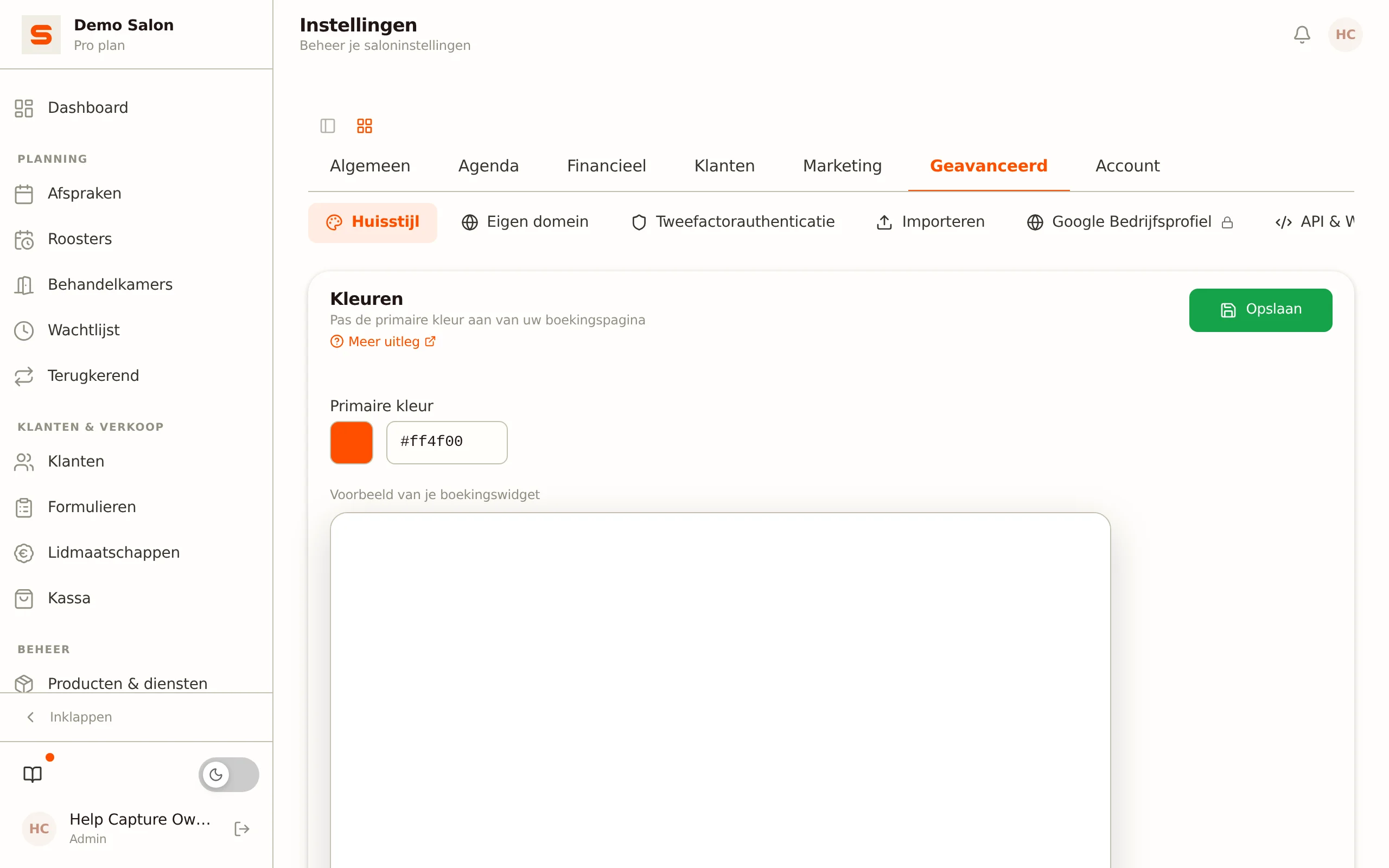 Schermafbeelding van de huisstijl-instellingen