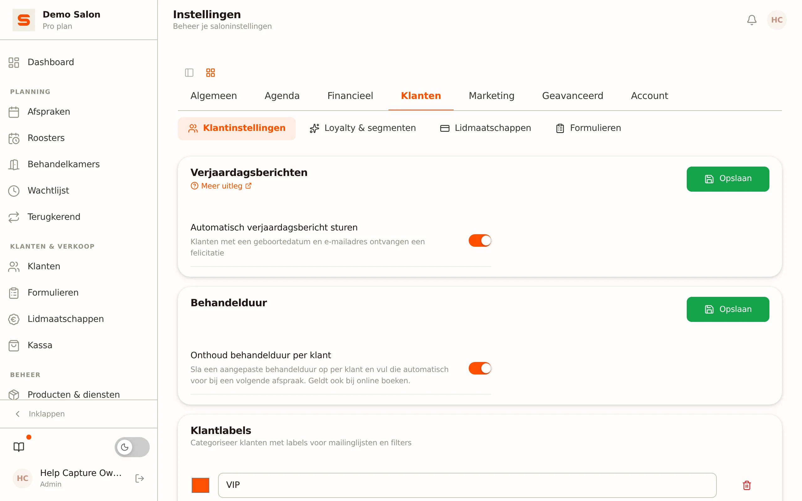 Schermafbeelding van klantinstellingen