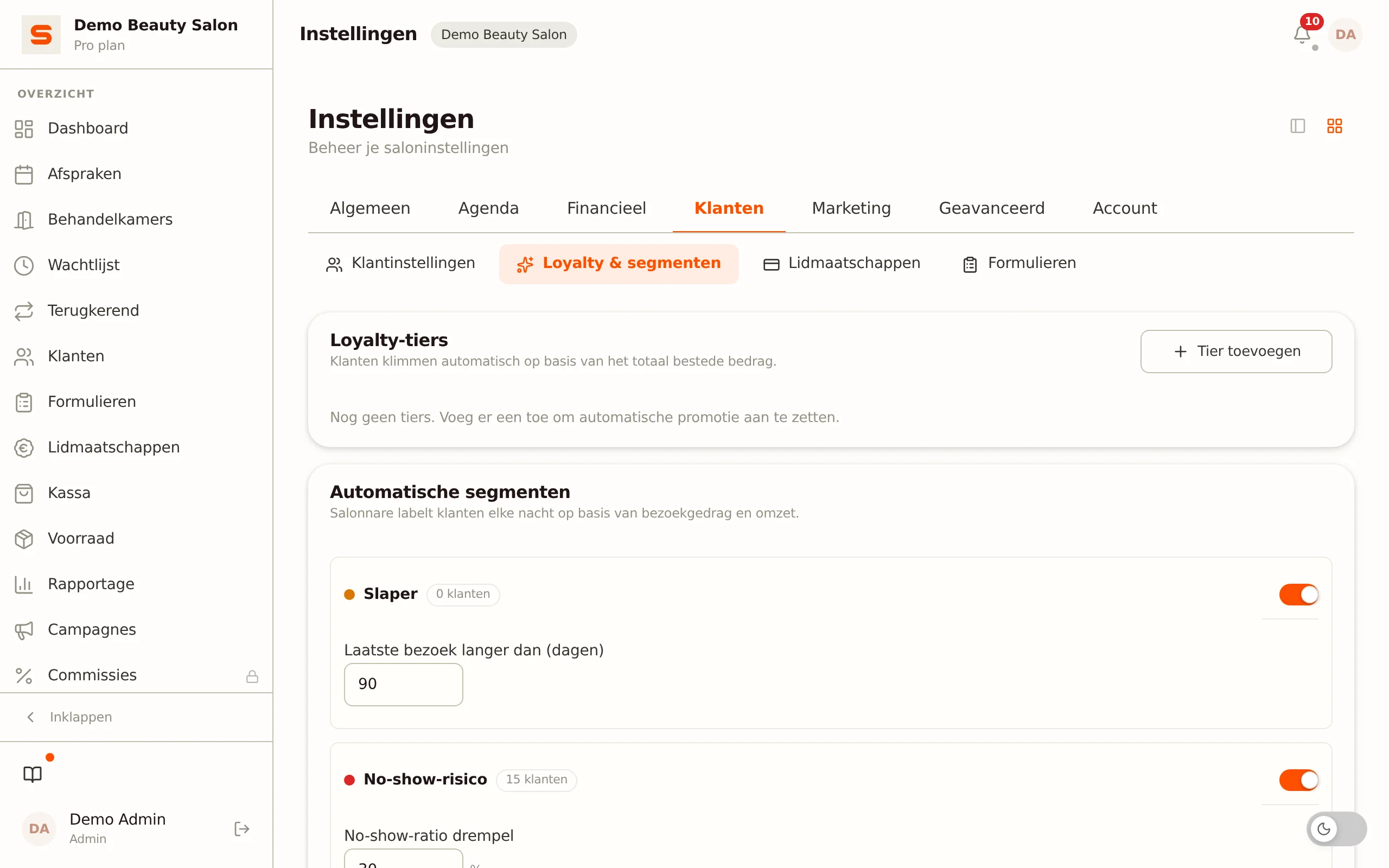Schermafbeelding van loyalty-tiers en klantsegmenten
