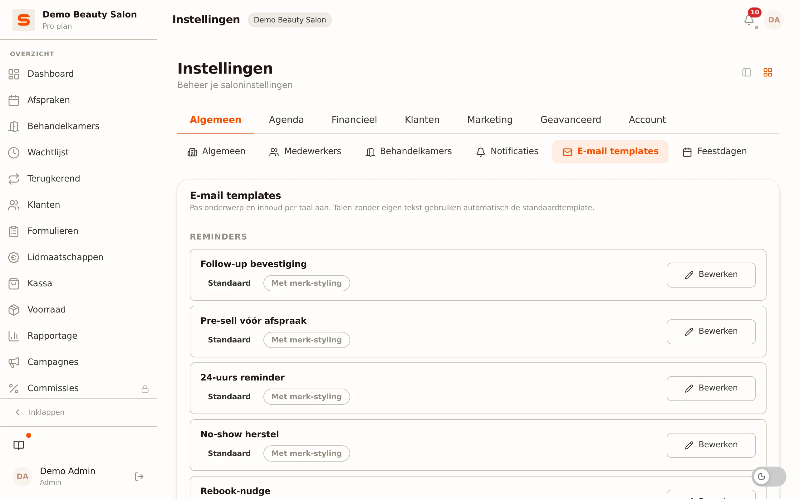 Schermafbeelding van de e-mailtemplates