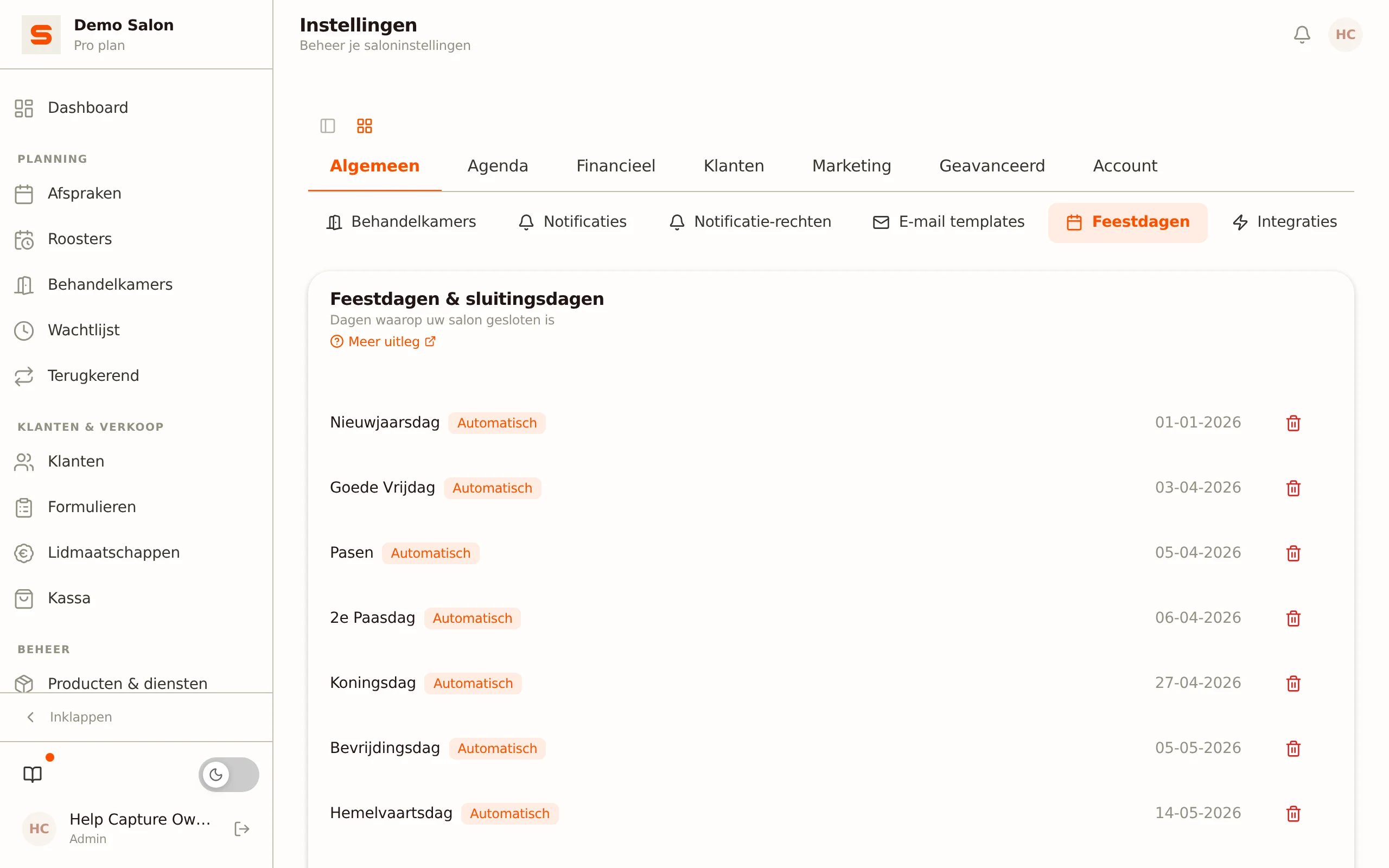 Schermafbeelding van feestdagen en sluitingsdagen