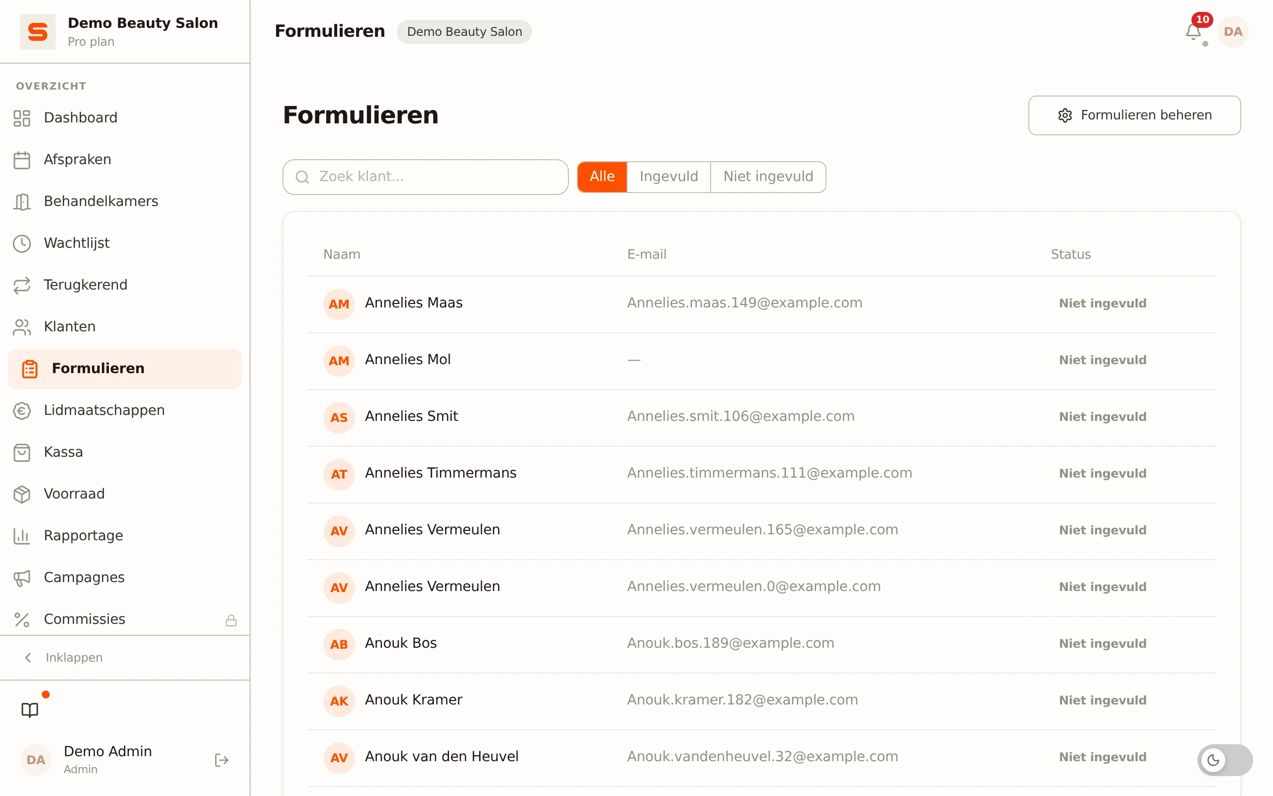 Schermafbeelding van de Formulieren-pagina