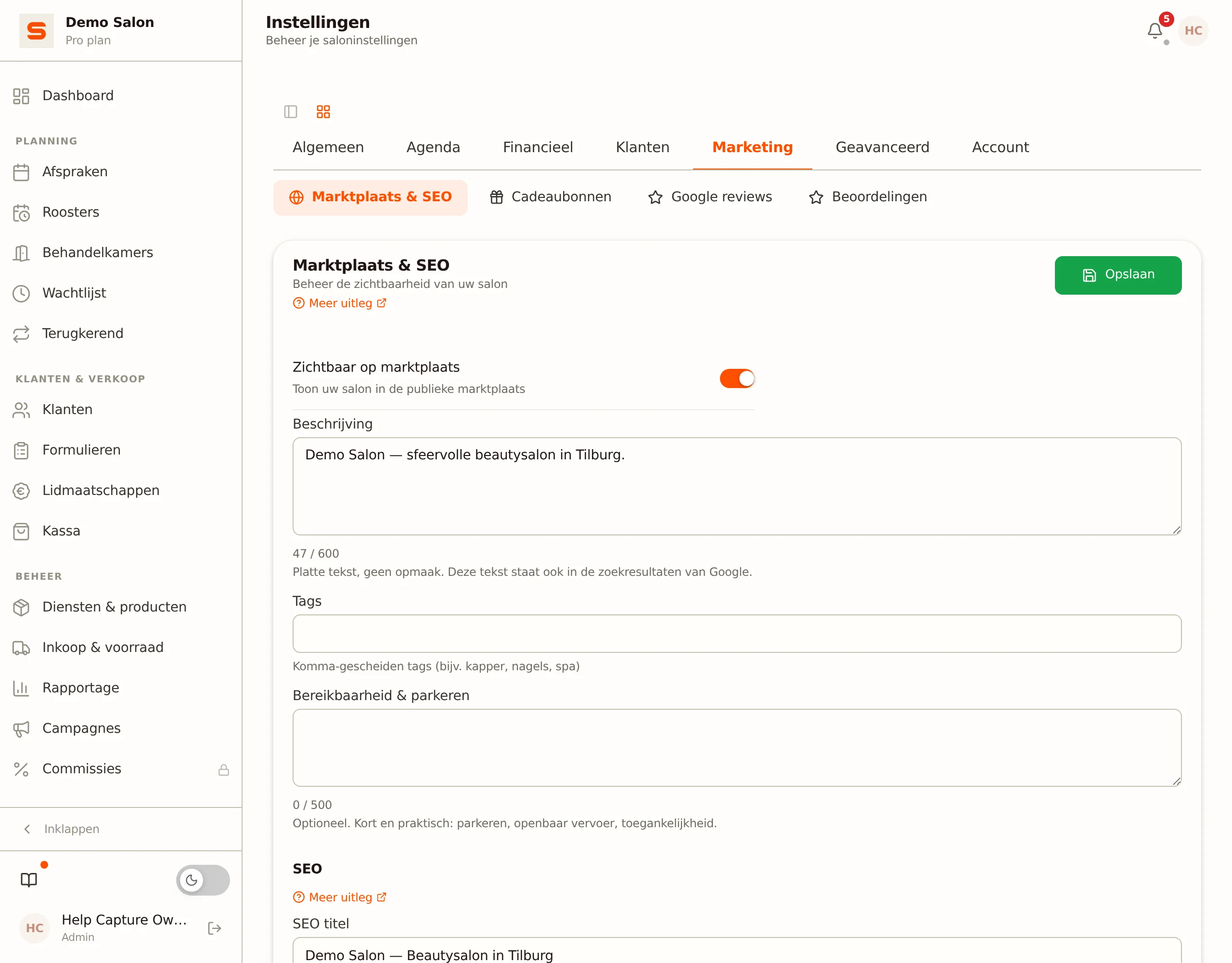 Instellingen > Marktplaats & SEO met de schakelaar Zichtbaar op marktplaats