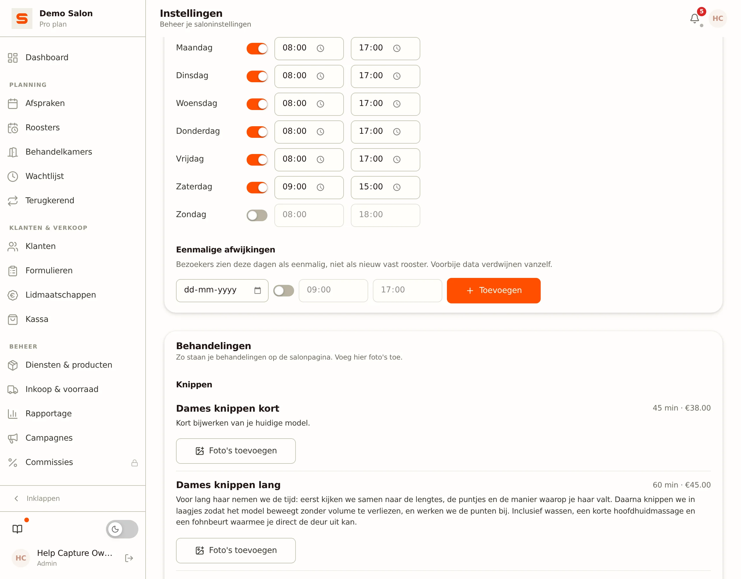 Het paneel Openingstijden met eenmalige afwijkingen