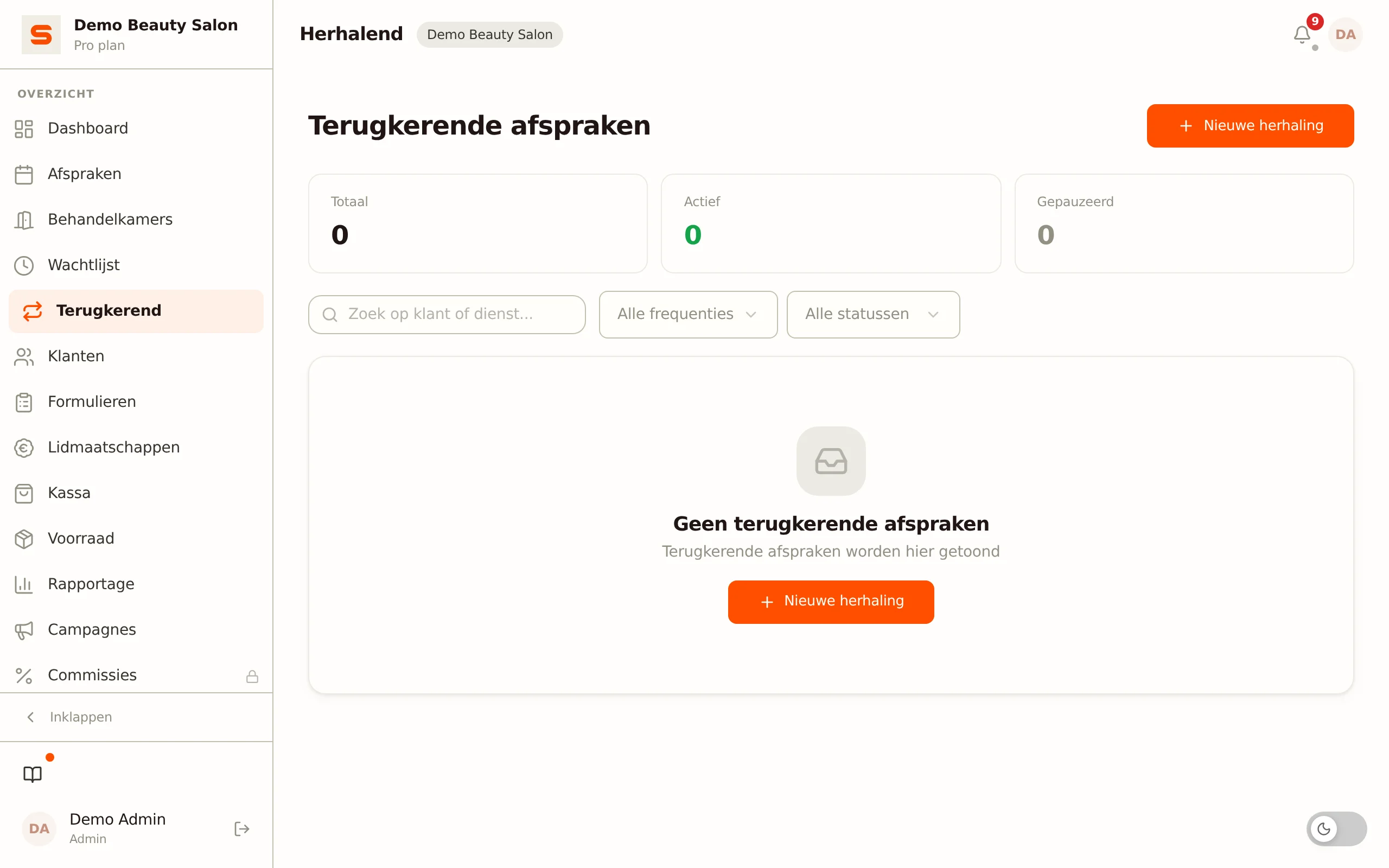 Schermafbeelding van herhalende afspraken