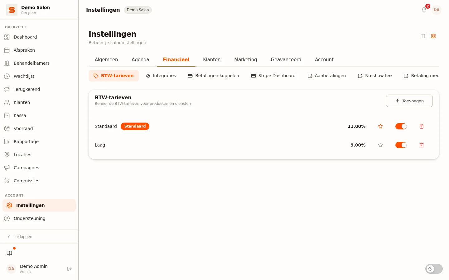 Schermafbeelding van btw-tarieven instellen
