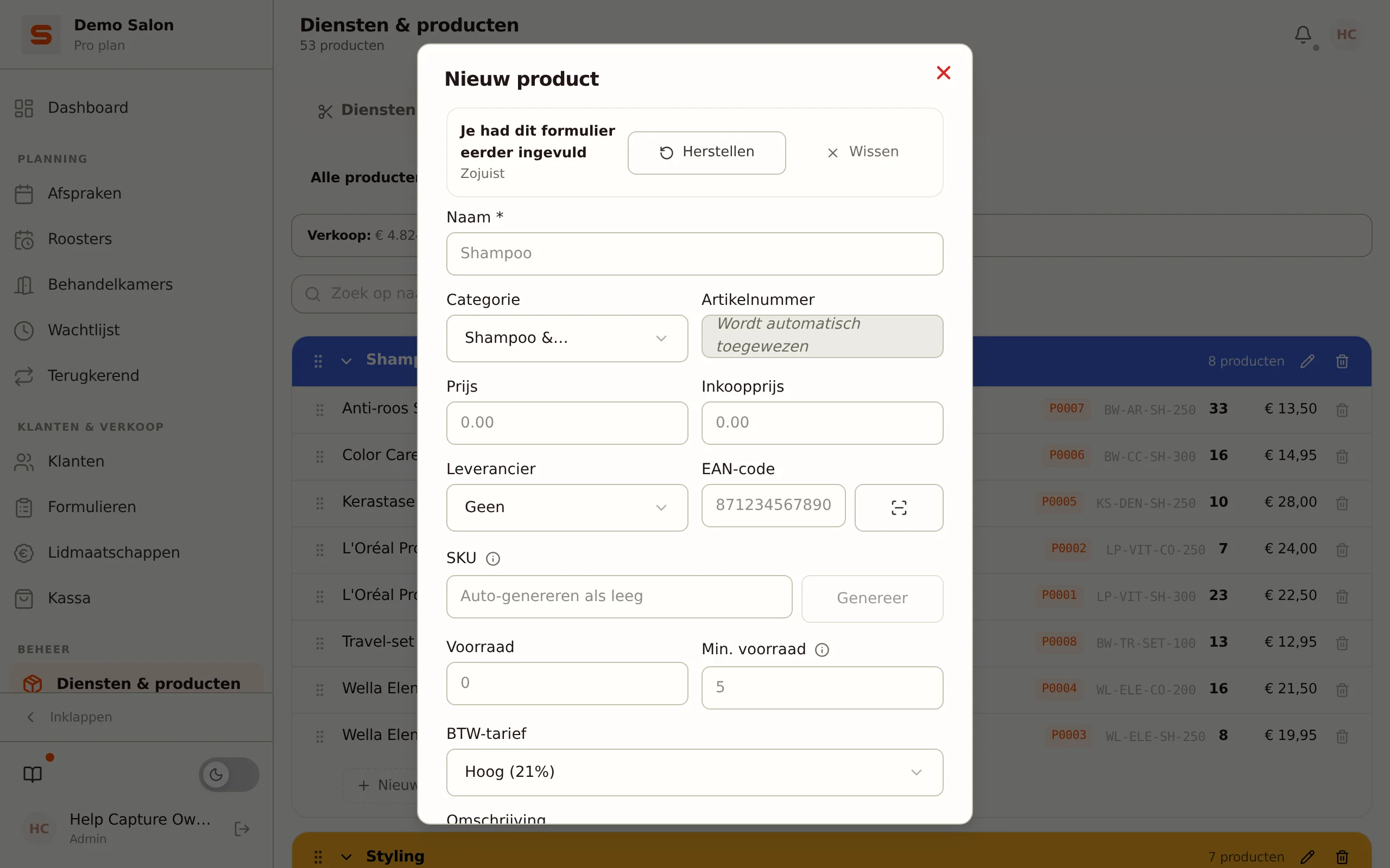 Nieuw-productformulier met de balk die een eerder ingevuld concept aanbiedt